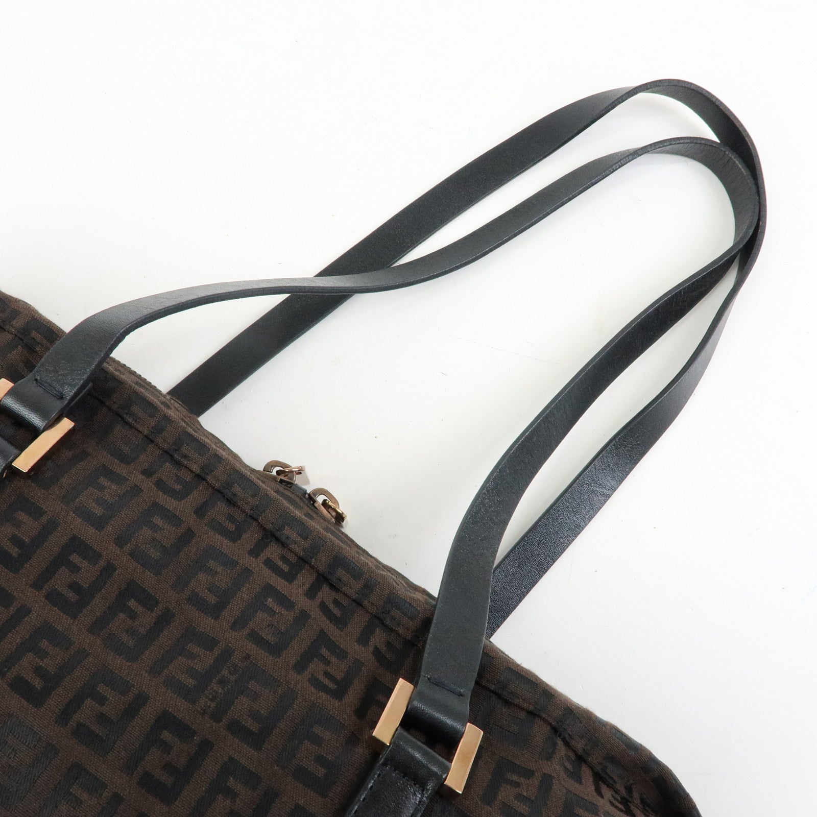 FENDI Zucchino Canvas Leather Tote Shoulder Boston Bag Brown 8BH031
