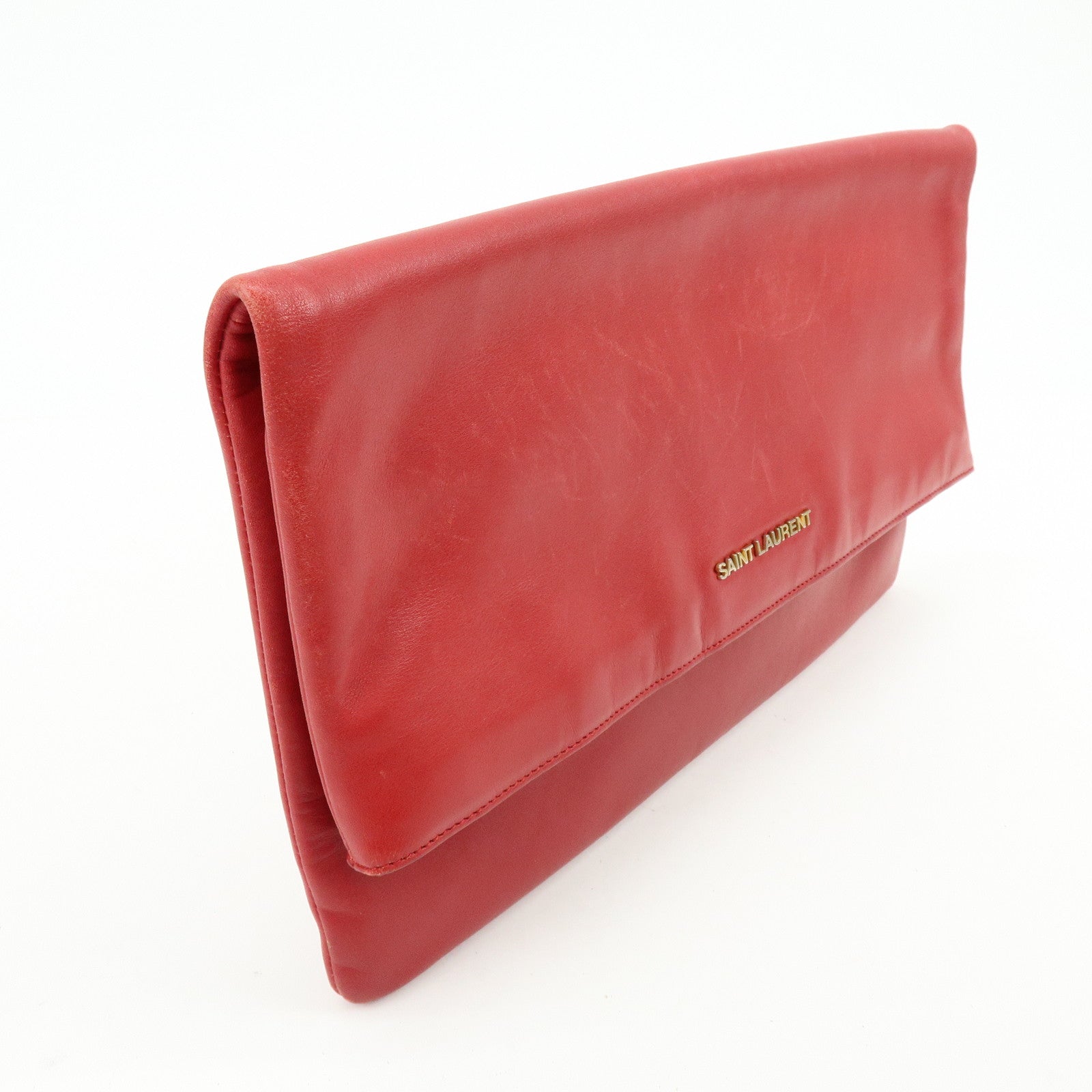 SAINT LAURENT PARIS Leather Clutch Bag Flat Pouch Red 328198