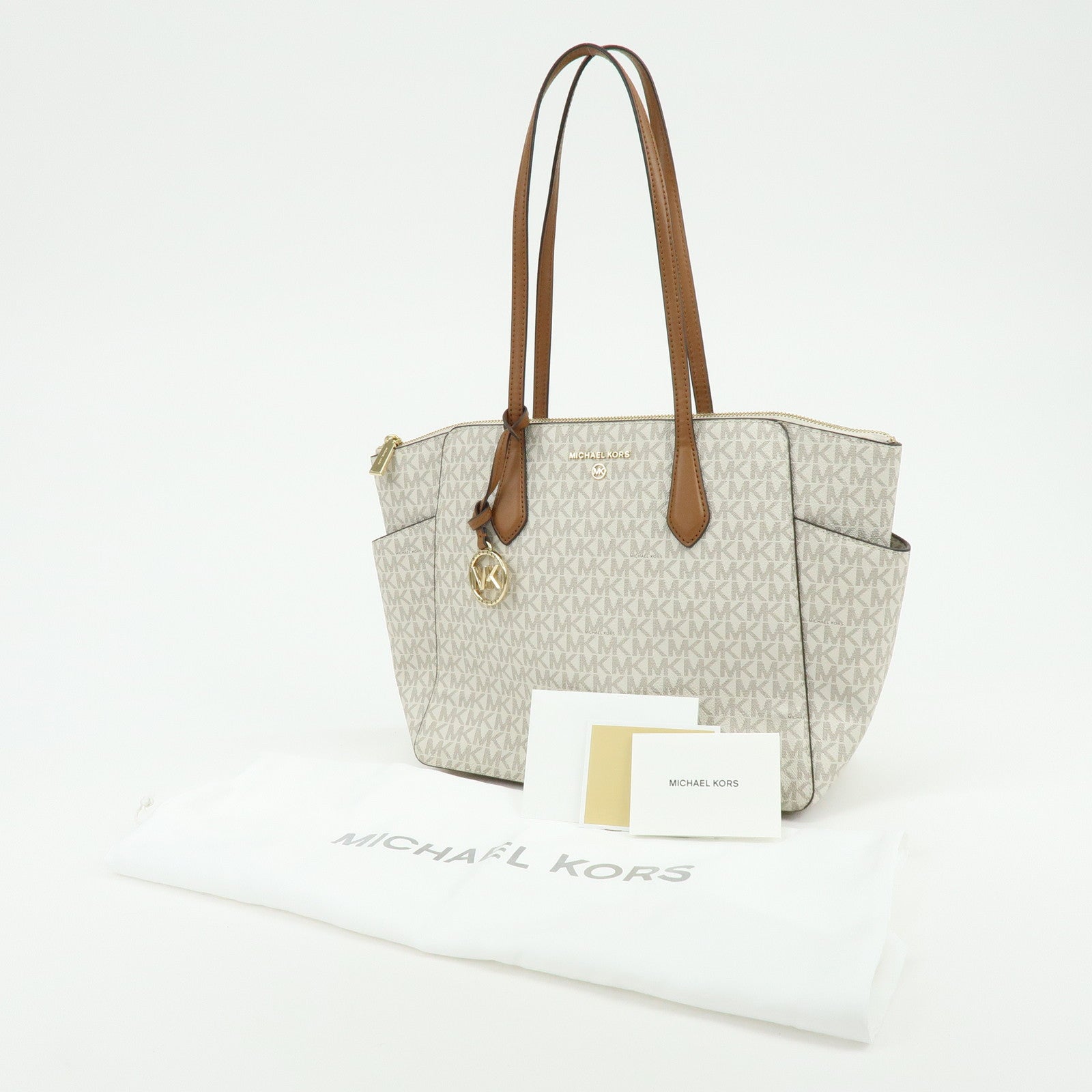 MICHAEL KORS MK Signature PVC Leather Shoulder Bag Ivory Brown
