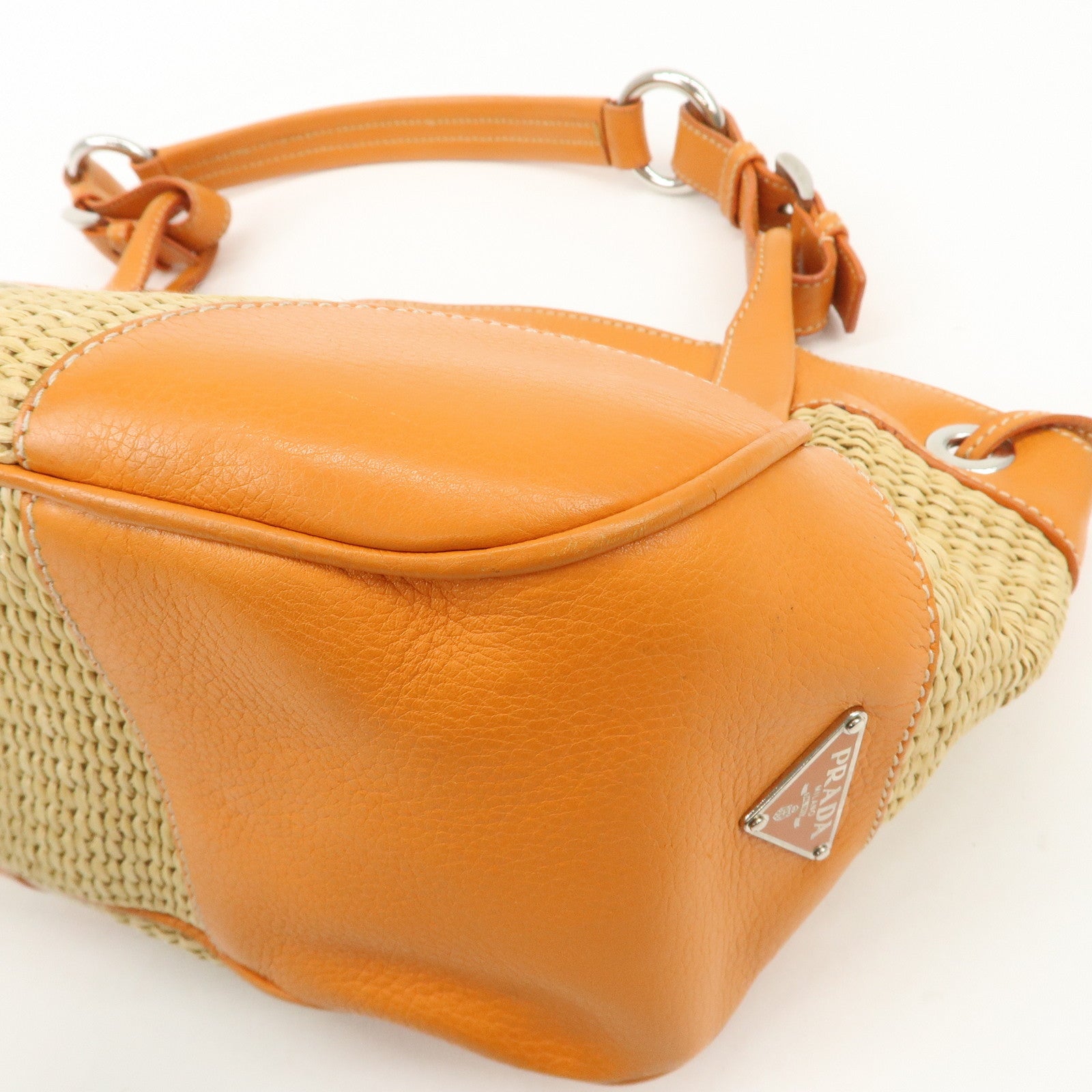 PRADA Triangle Logo Raffia Leather Shoulder Bag Beige Orange