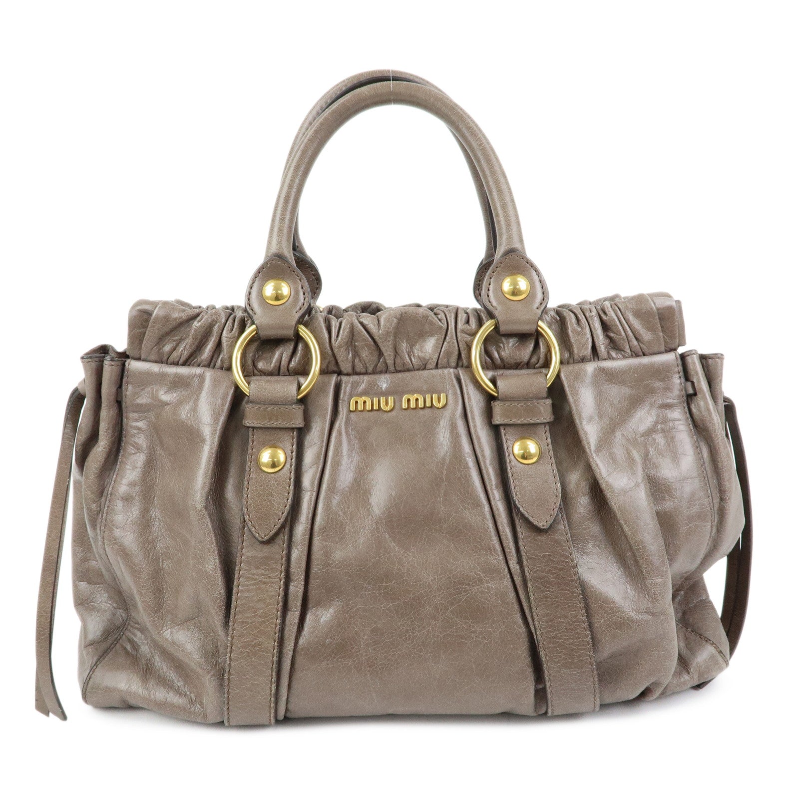 MIU MIU Logo Leather Hand Bag Tote Bag Gray Gold