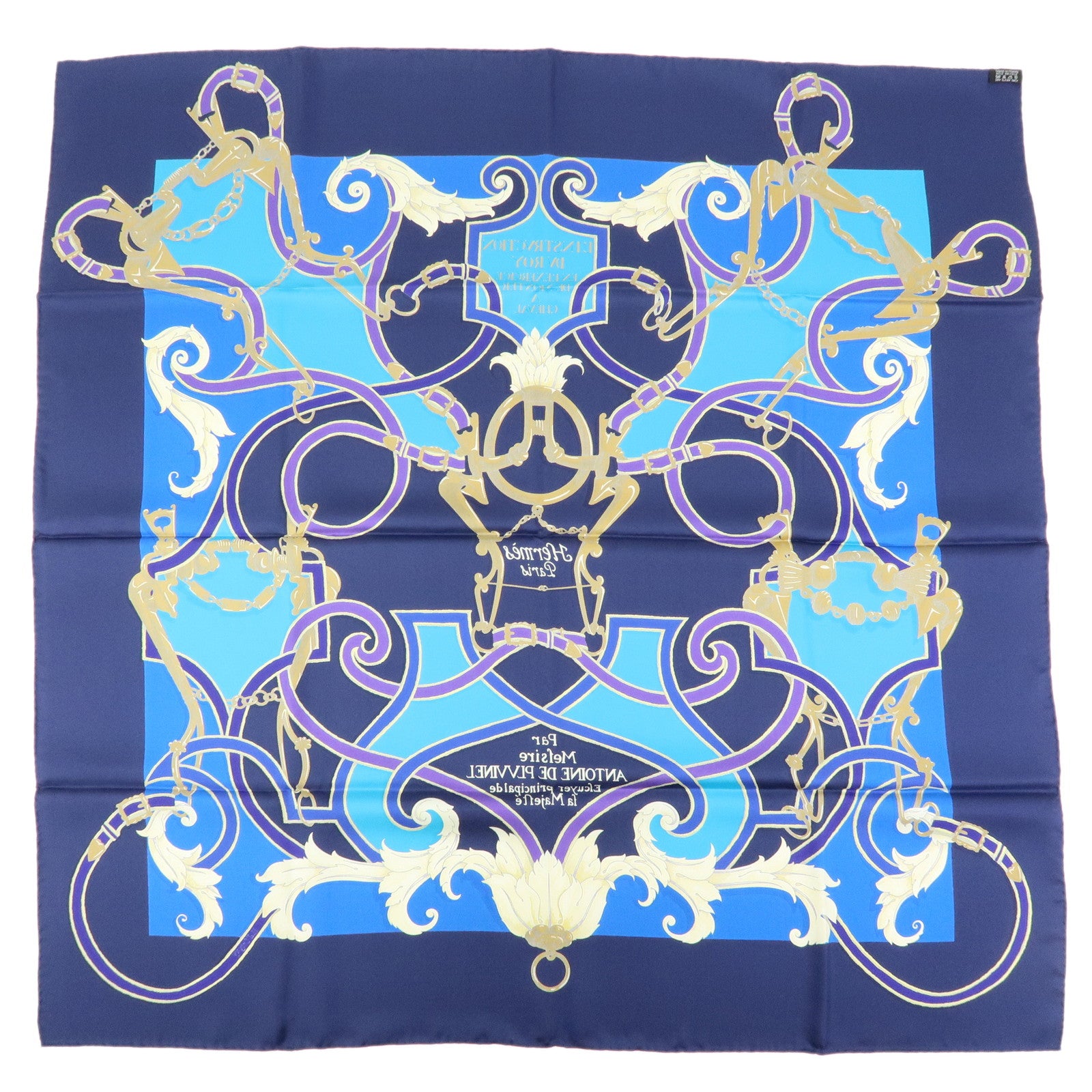 HERMES Carre90 Silk100% L’INSTRVCTION DV ROY Scarf Navy Blue Purple