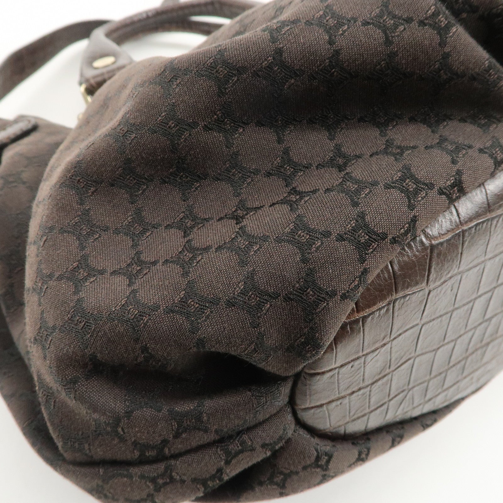 CELINE Macadam Canvas Leather 2Way Bag Gold Charm Dark Brown Used