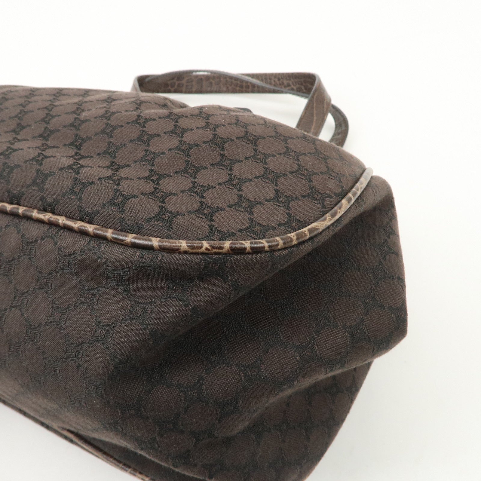 CELINE Macadam Canvas Leather Shoulder Bag Fringe Brown Used