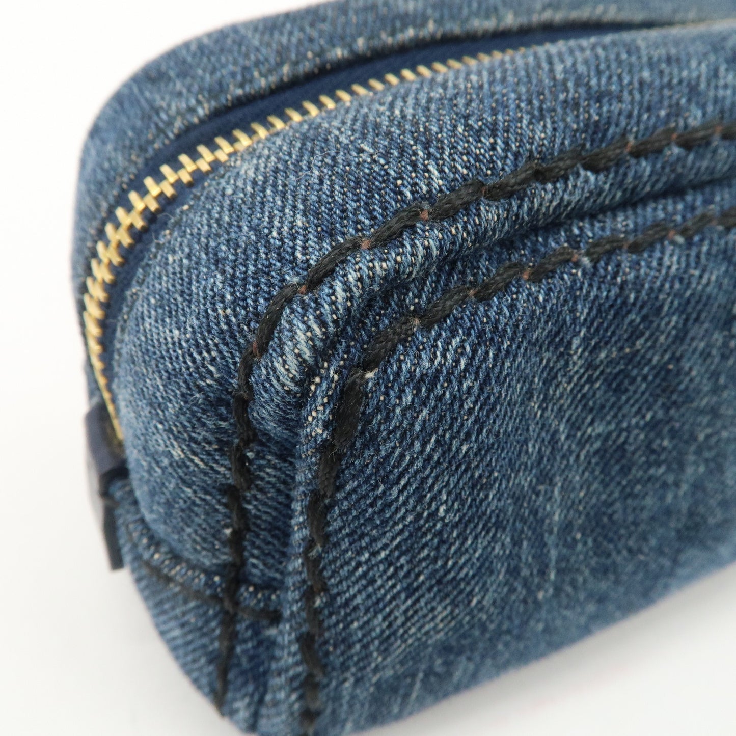 PRADA Triangle Logo Denim Pouch Cosmetic Pouch Blue Gold HDW