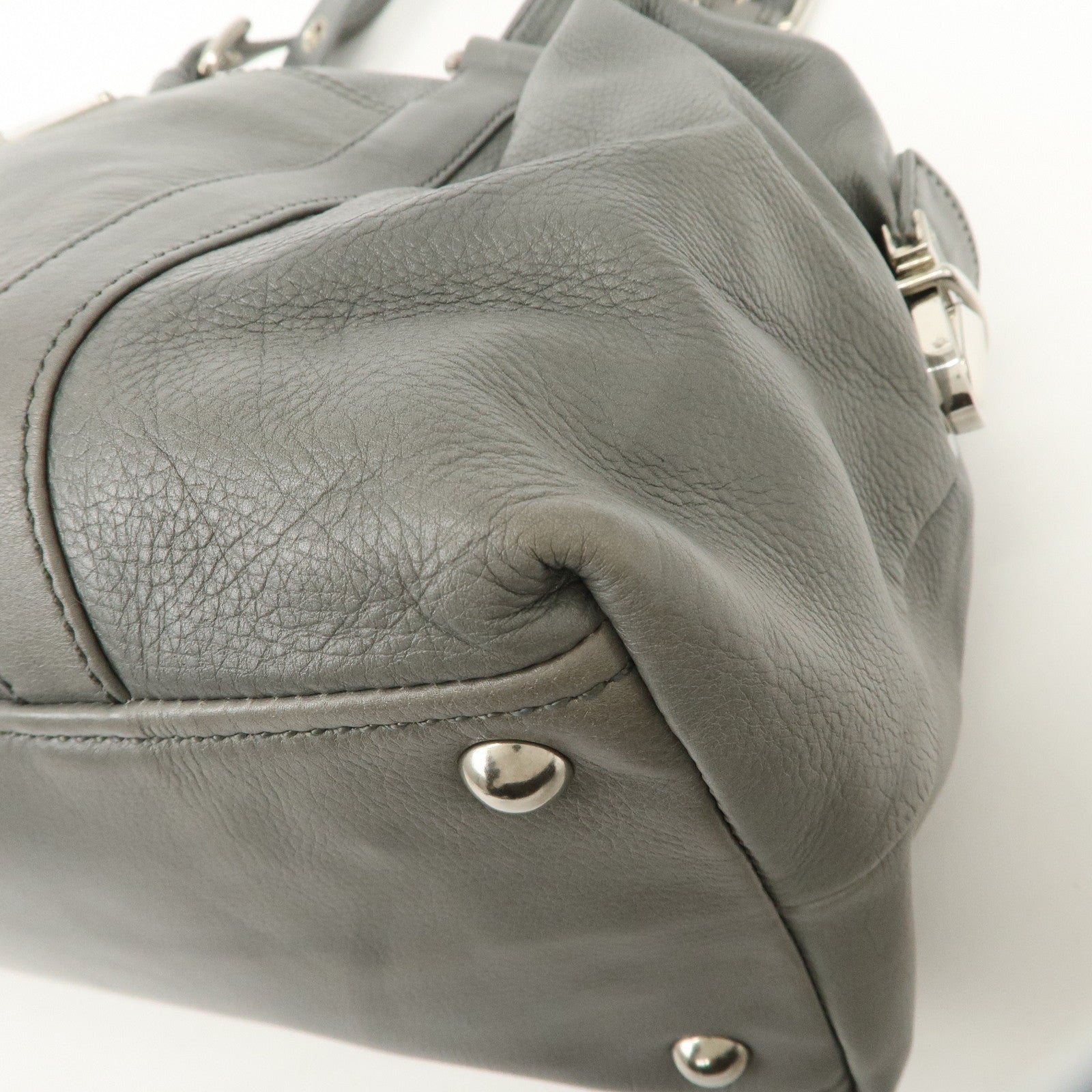 PRADA Leather Boston Bag Shoulder Bag Gray Silver Hardware