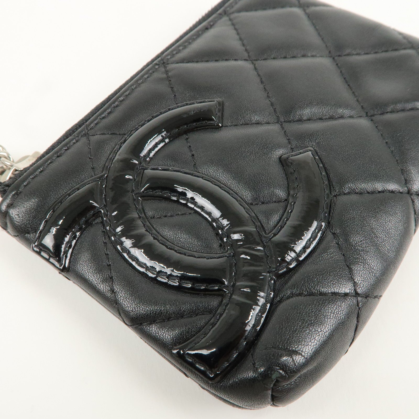 CHANEL Cambon Line Lamb Skin Enamel Coin Case Black A50083