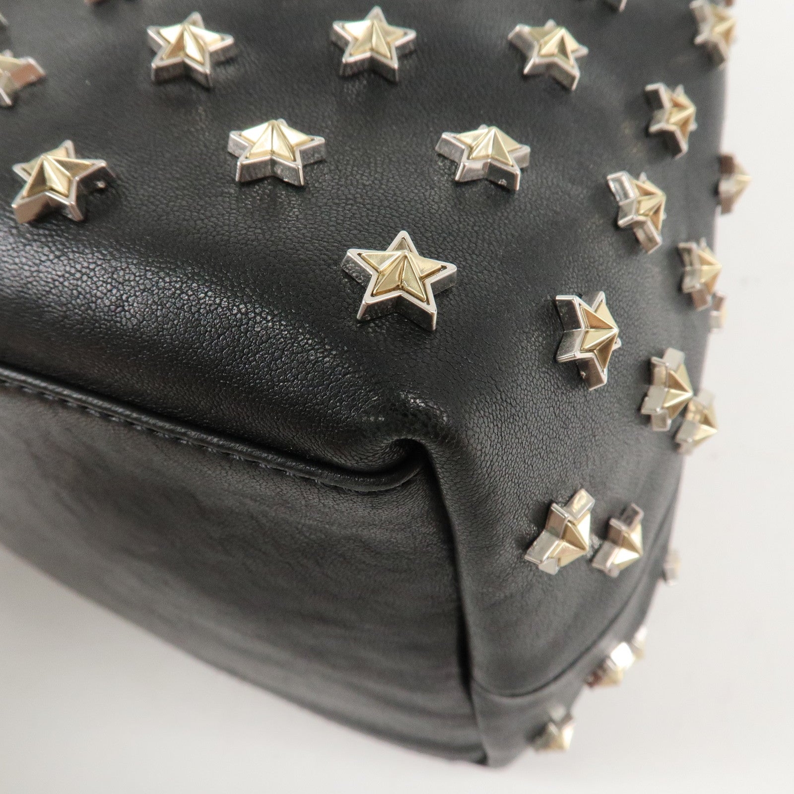 JIMMY CHOO Leather Tote Bag Hand Bag Star Studs Black Gold HDW