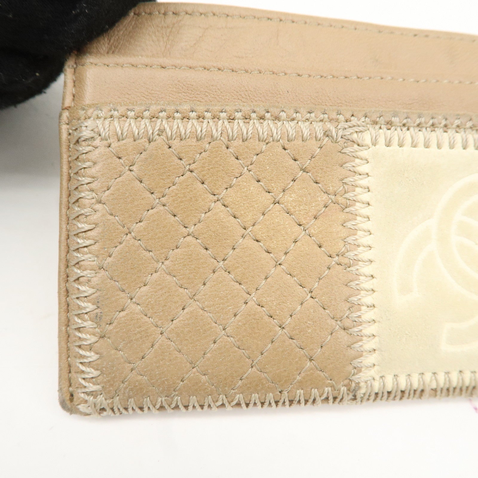 CHANEL Leather Icon Patch Work Card Case Beige