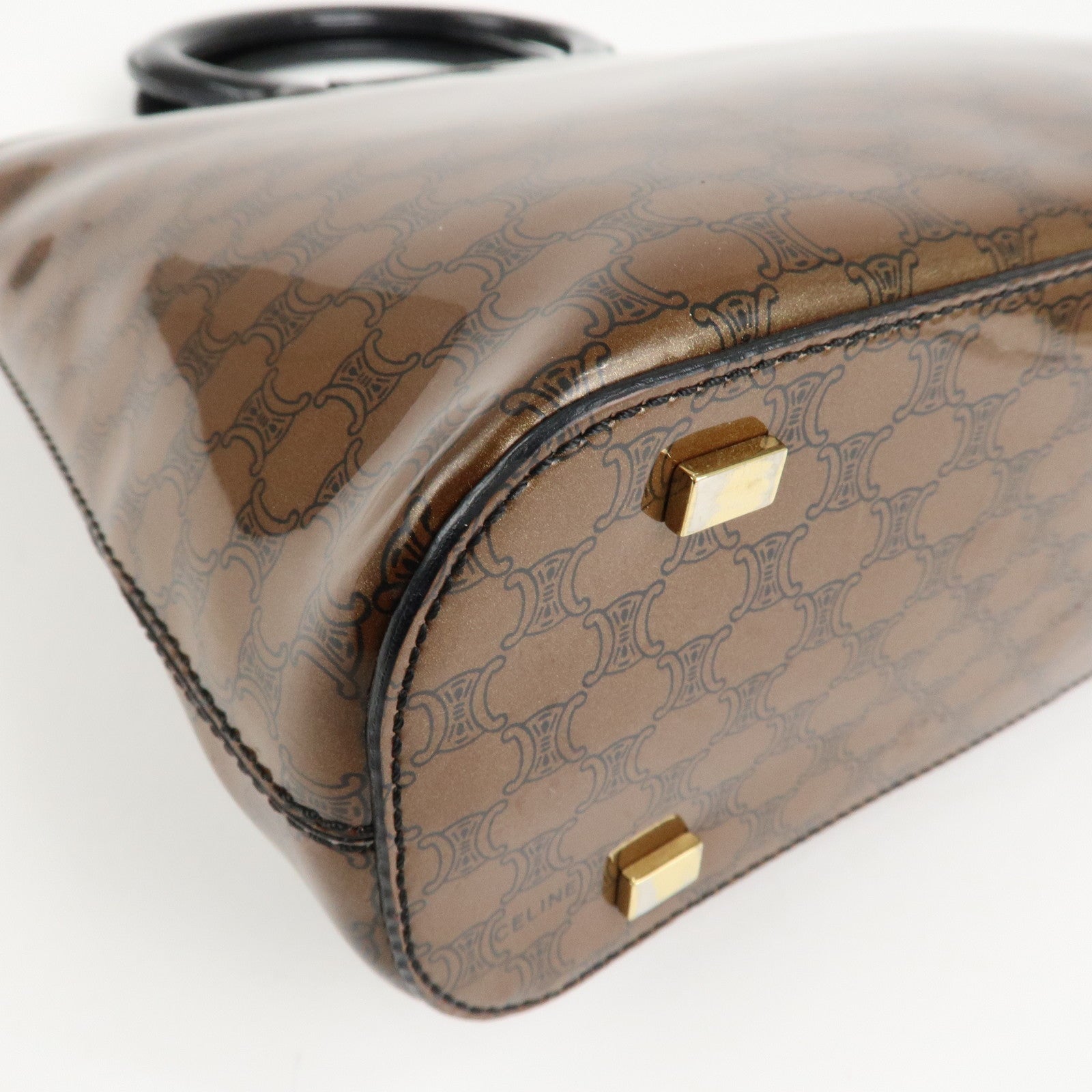 CELINE Macadam Patent Leather Mini Tote Bag Hand Bag Brown Black Used