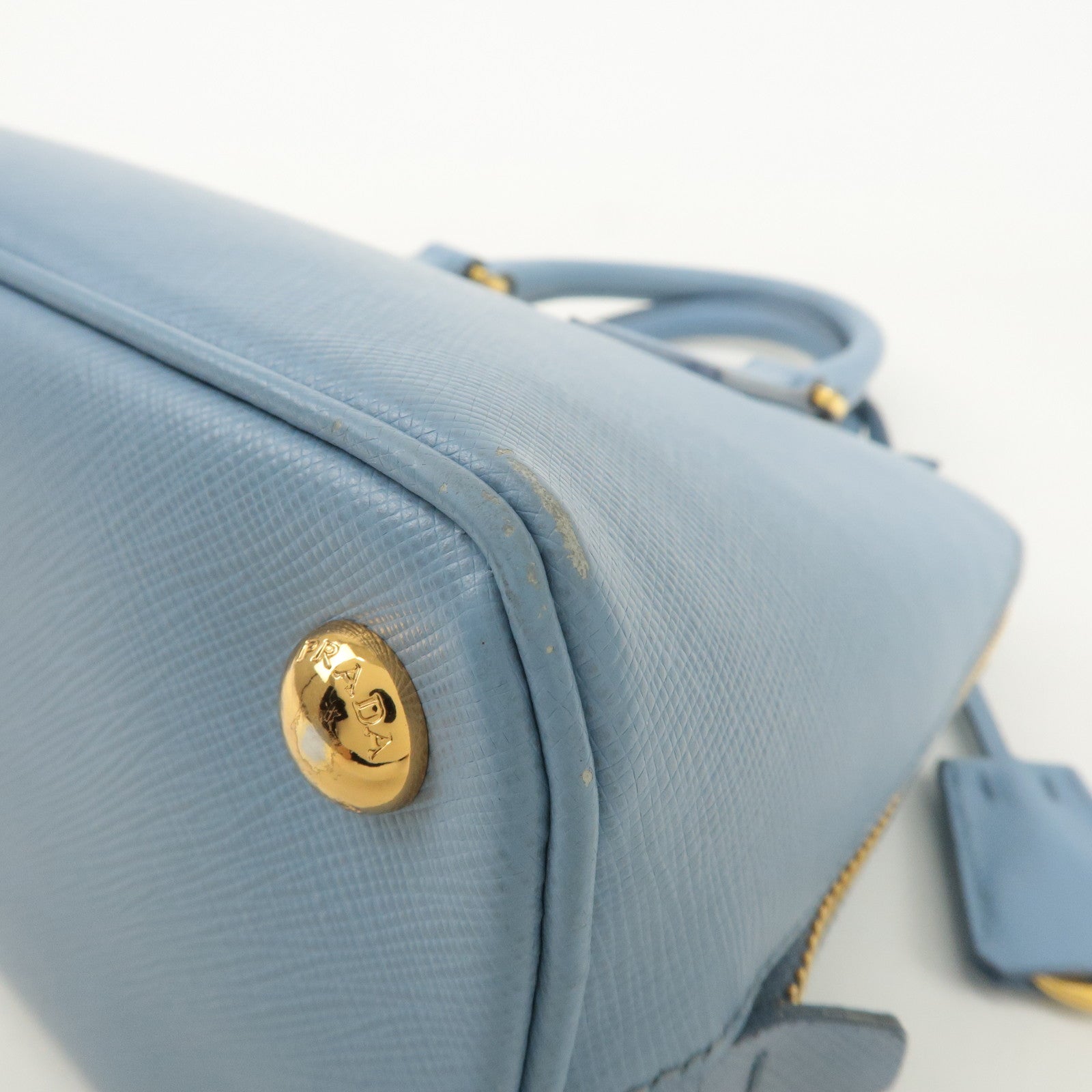 PRADA Triangle Logo Saffiano Leather Hand Bag Light Blue