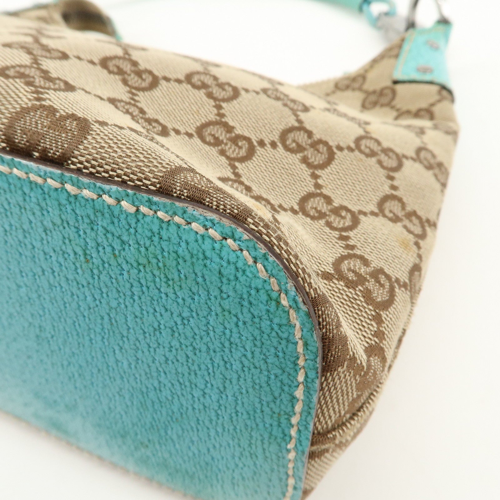 GUCCI GG Canvas Leather Shoulder Bag Beige Turquoise 115002