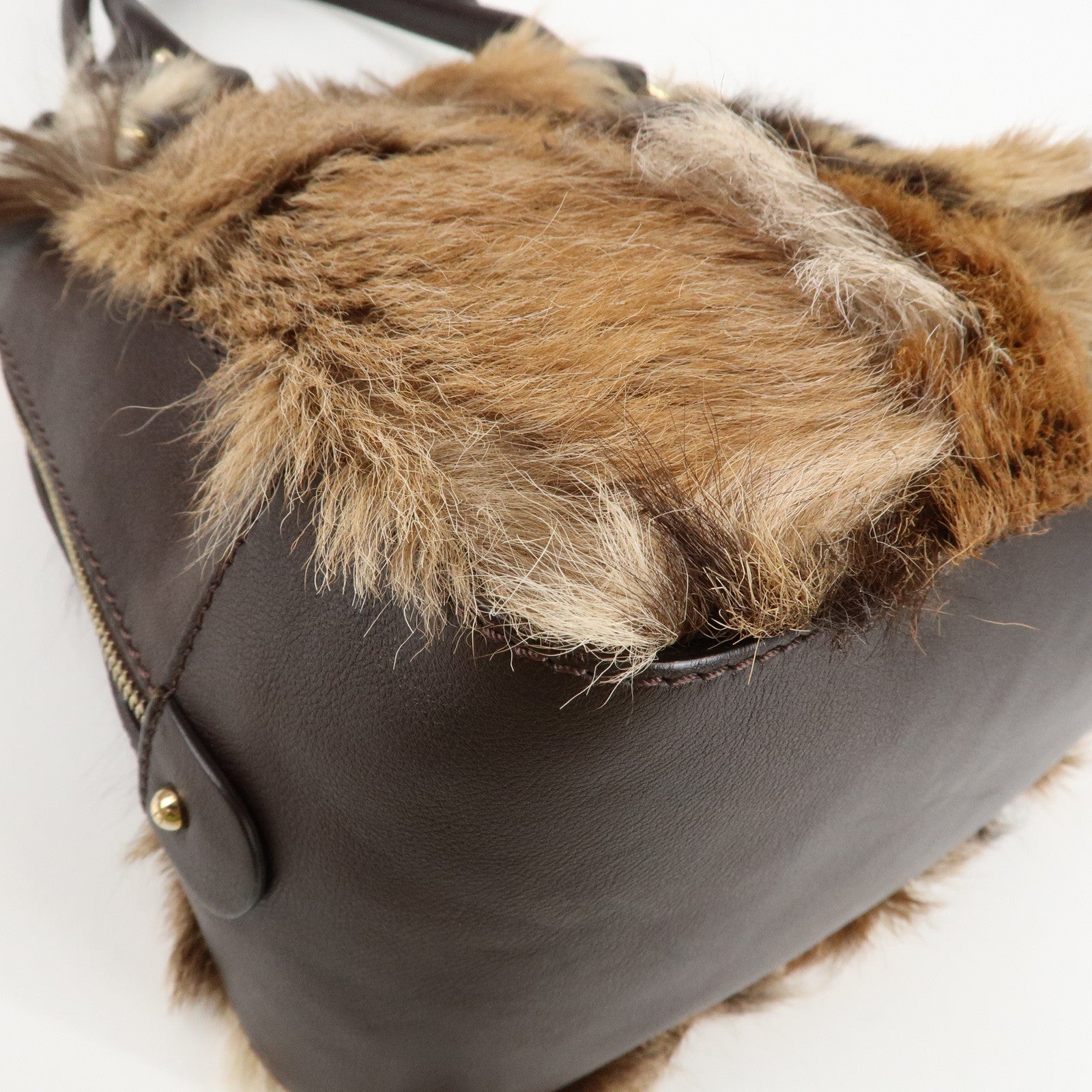 FENDI Fur Leather Tote Bag Hand Bag Shoulder Bag Brown 8BR286 Used