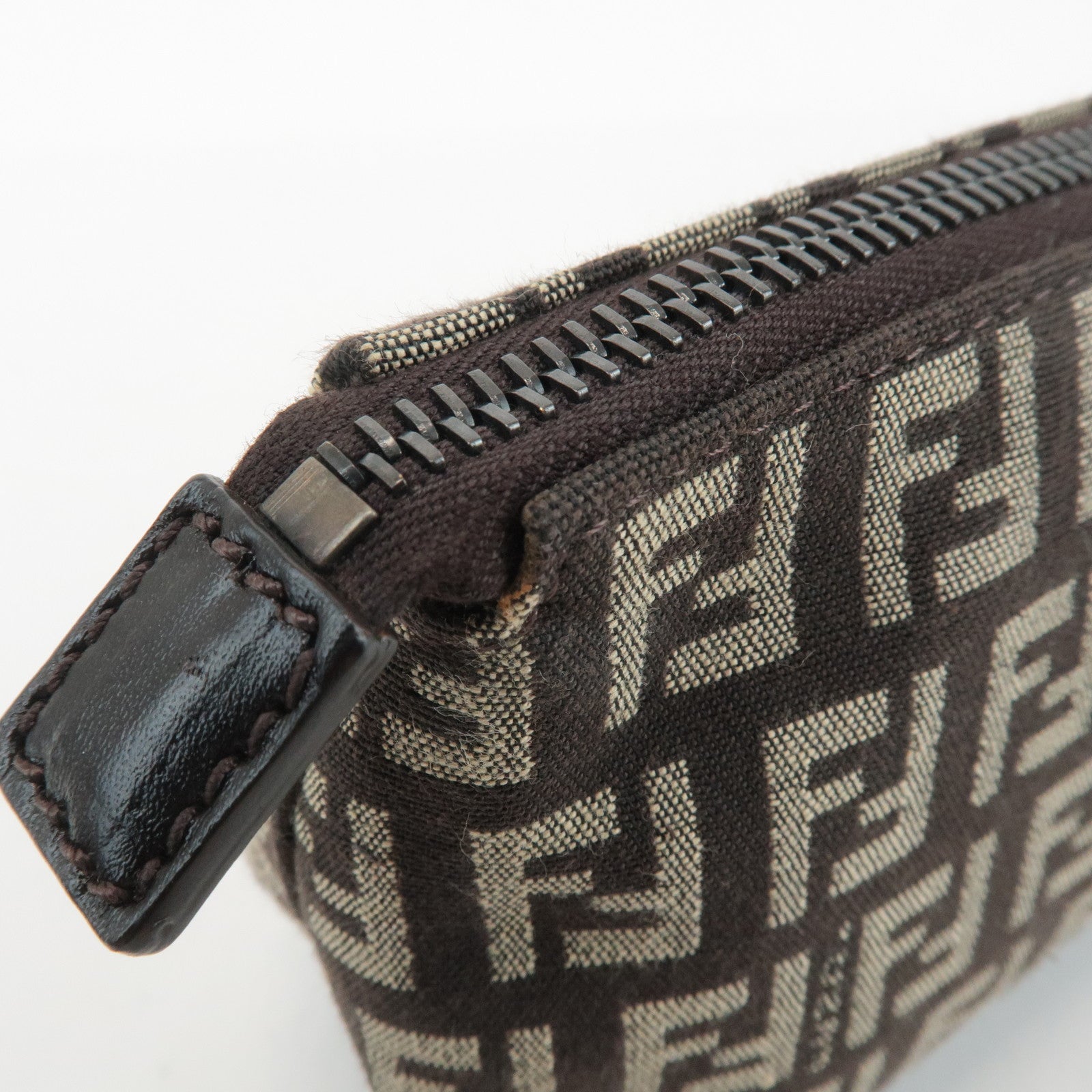 FENDI Zucchino Canvas Leather Pouch Beige Brown 7N0038 Used