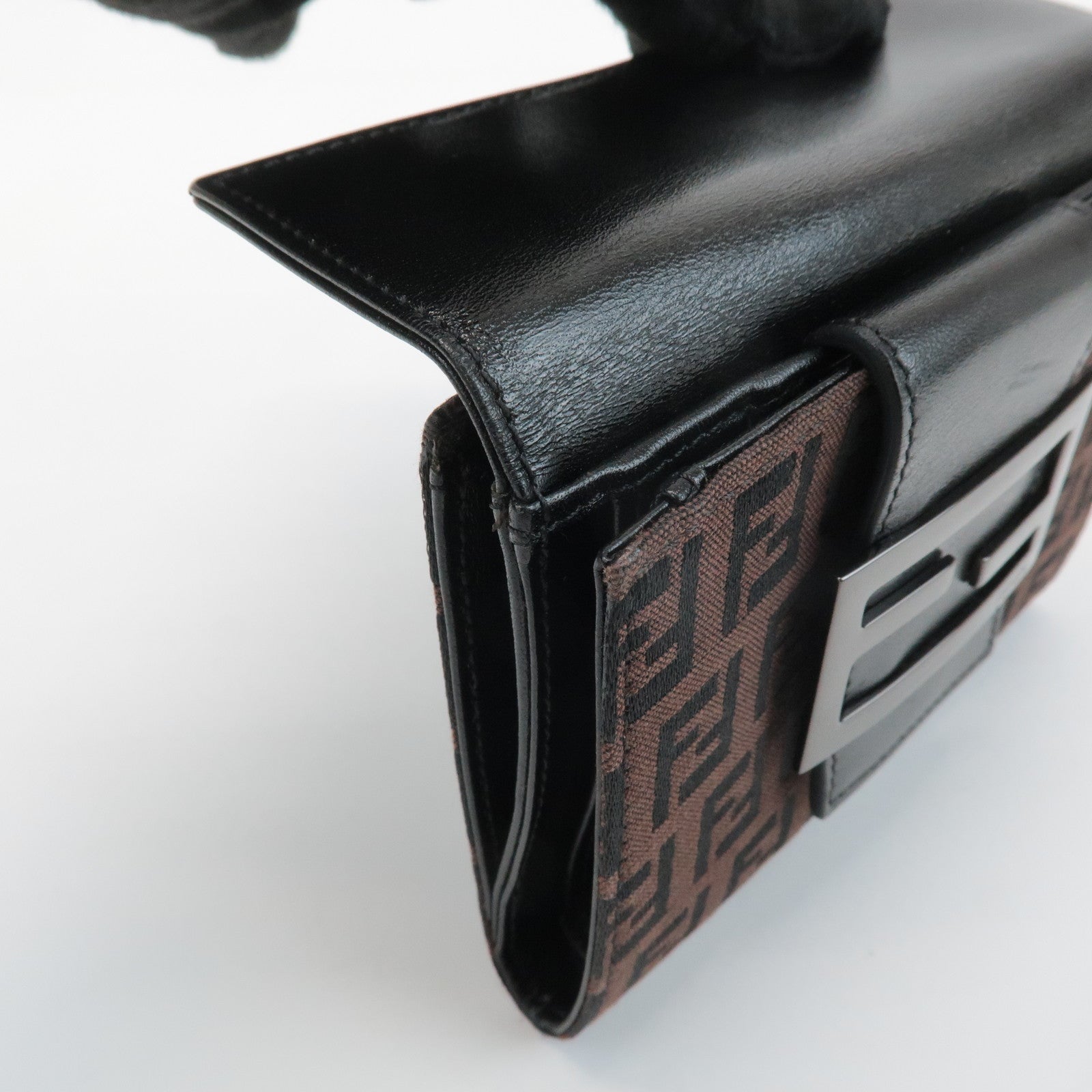 FENDI Zucca Canvas Leather Double Hook Wallet Brown Black 8M0035 Used