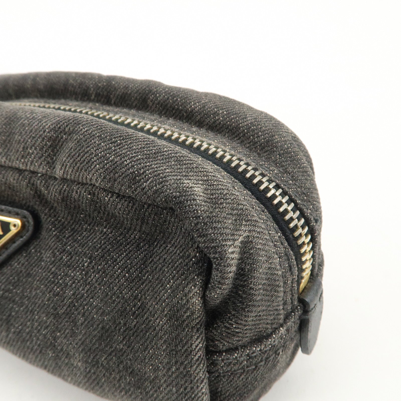 PRADA Triangle Logo Denim Pouch Cosmetic Pouch Black Gold HDW