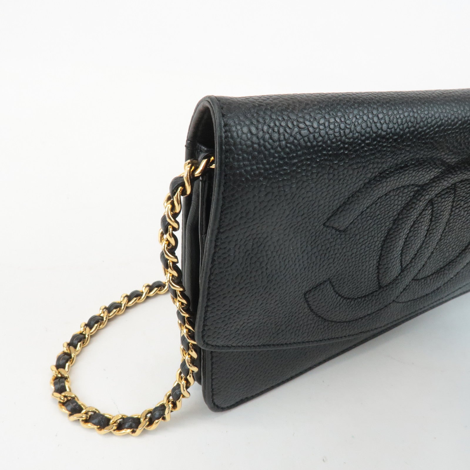 CHANEL COCO Mark Caviar Skin Chain Wallet WOC Black A13509 Used