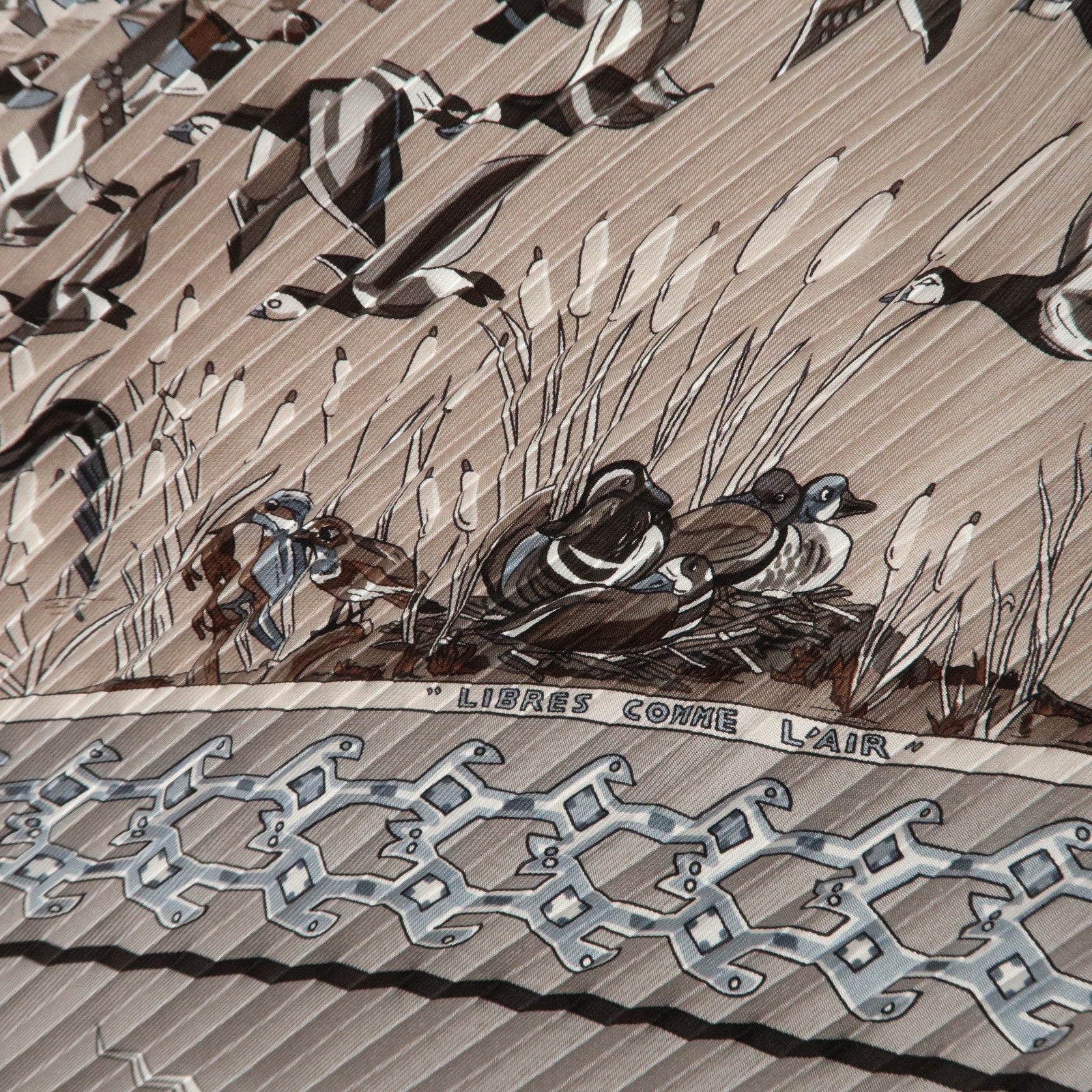 HERMES Silk 100% Pleats Carre Scarf LIBRES COMME L'AIR Gray Used