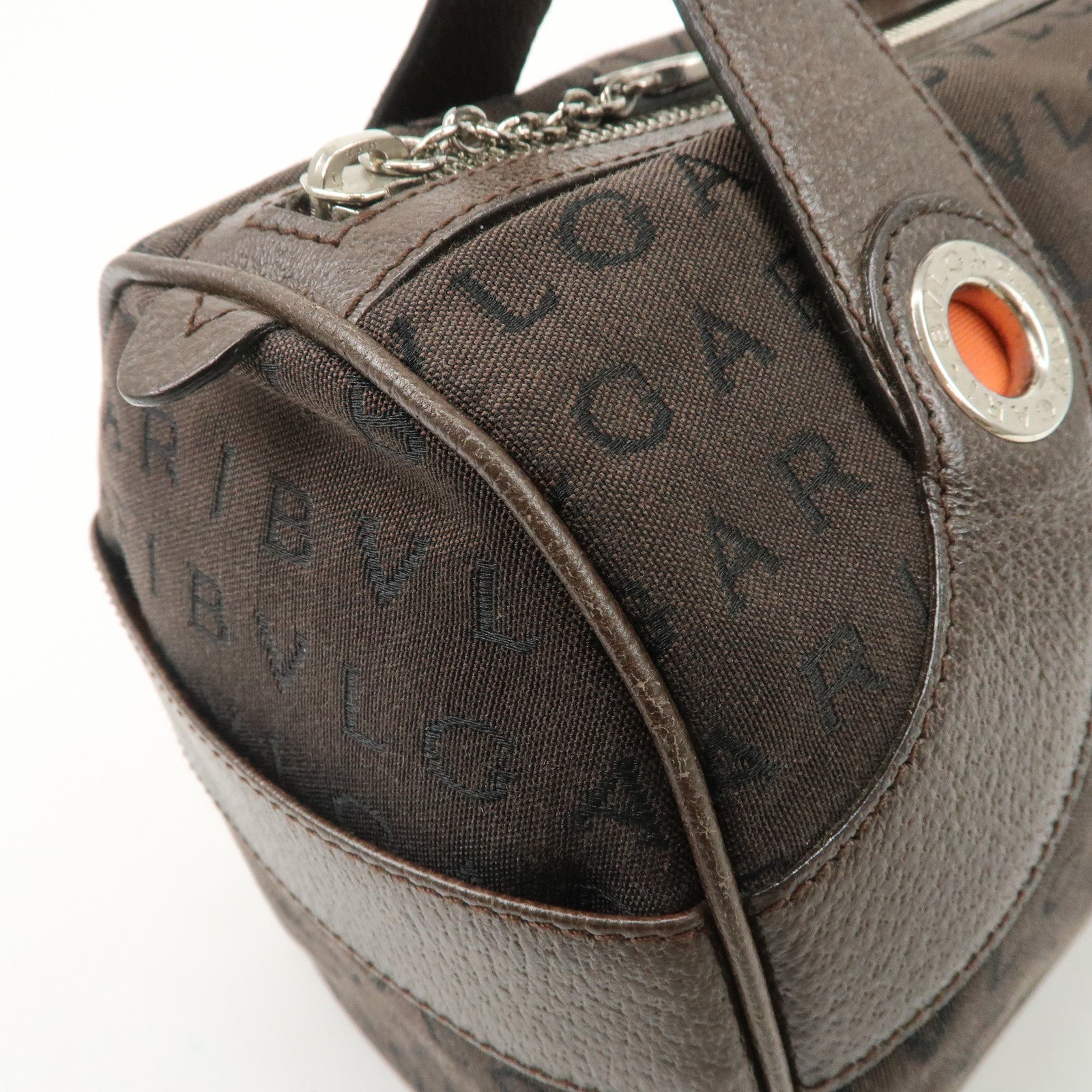 BVLGARI Logo Mania Canvas Leather Mini Boston Bag Dark Brown Used