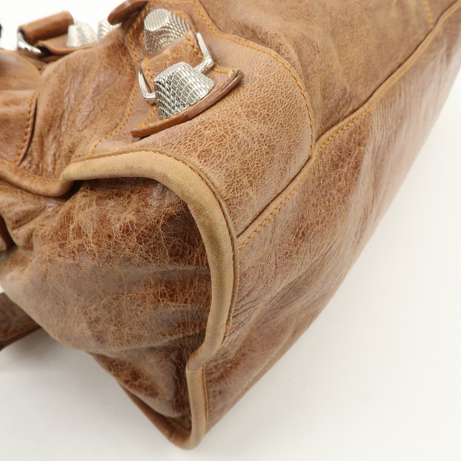 BALENCIAGA Giant City 2Way Bag Hand Bag Brown Silver HDW 173082 Used