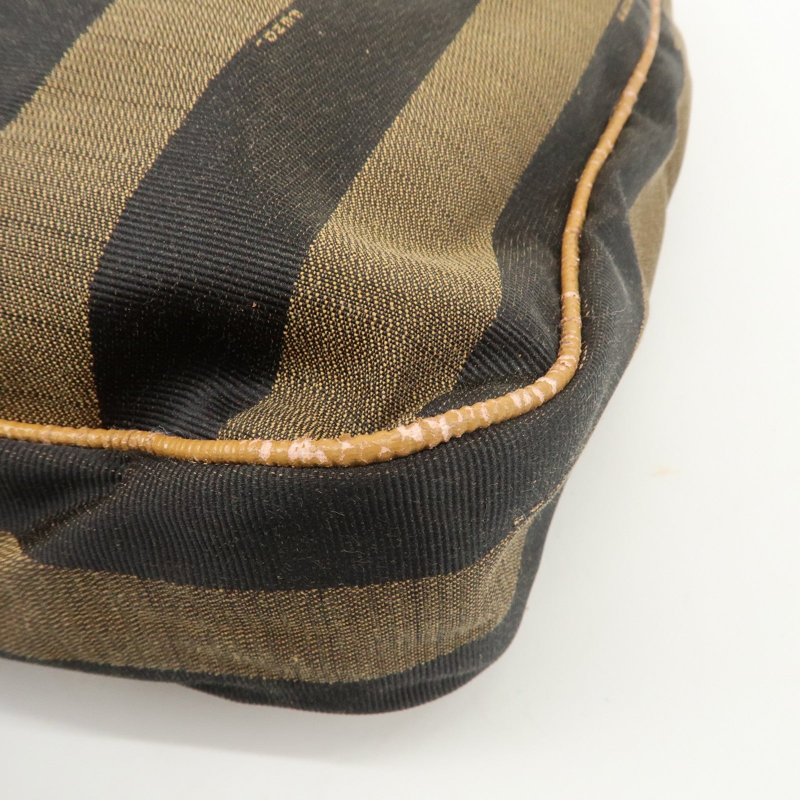FENDI Pequin Canvas Leather Shoulder Bag Brown Black Used