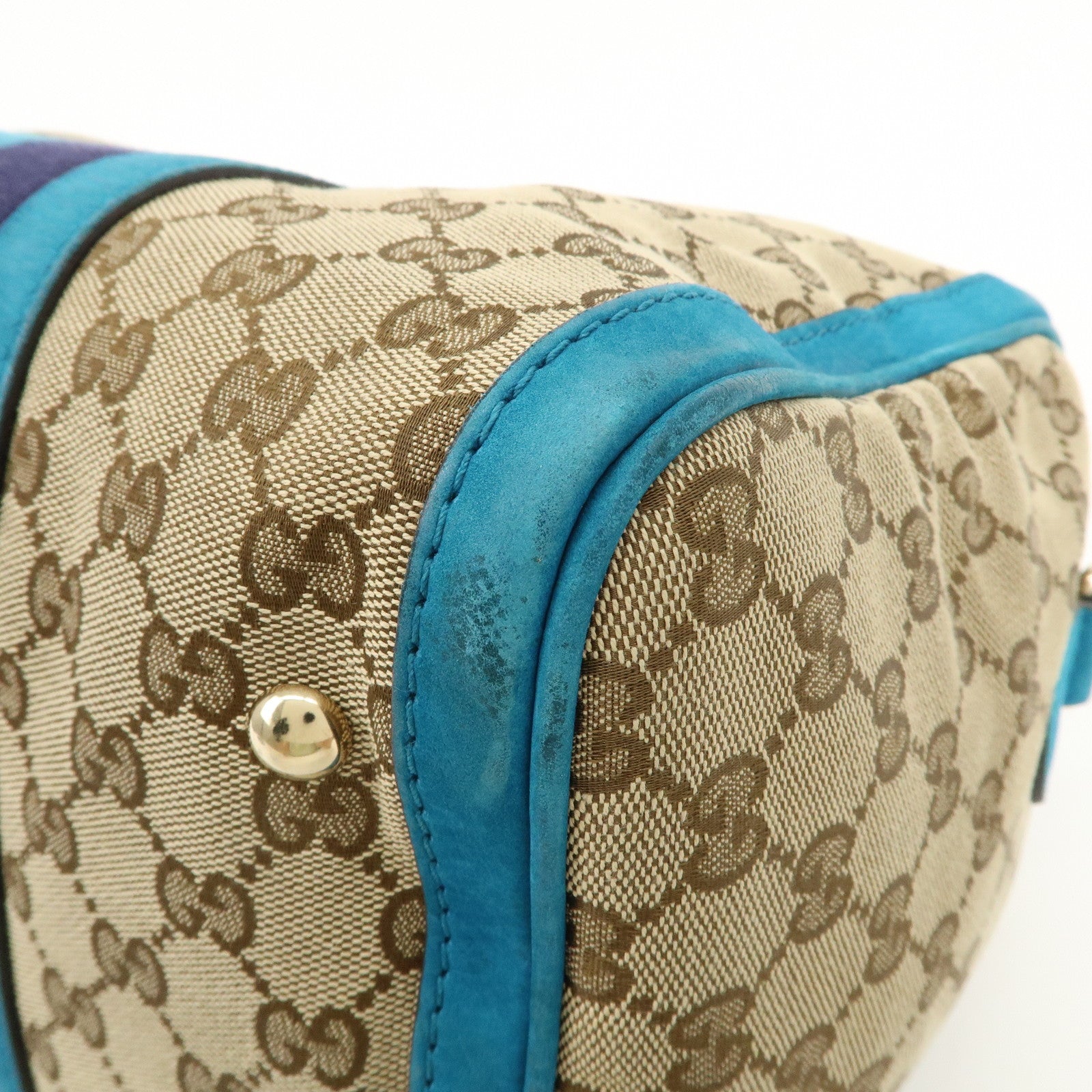 GUCCI Sherry GG Canvas Leather Boston Bag Beige Blue 247205