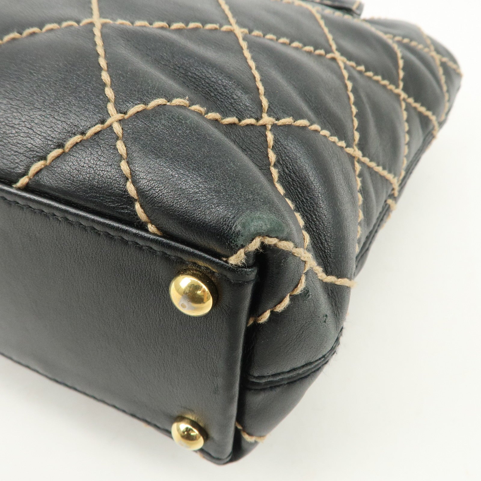 CHANEL Wild Stitch Lamb Skin Tote Bag Hand Bag Black A18126 Used