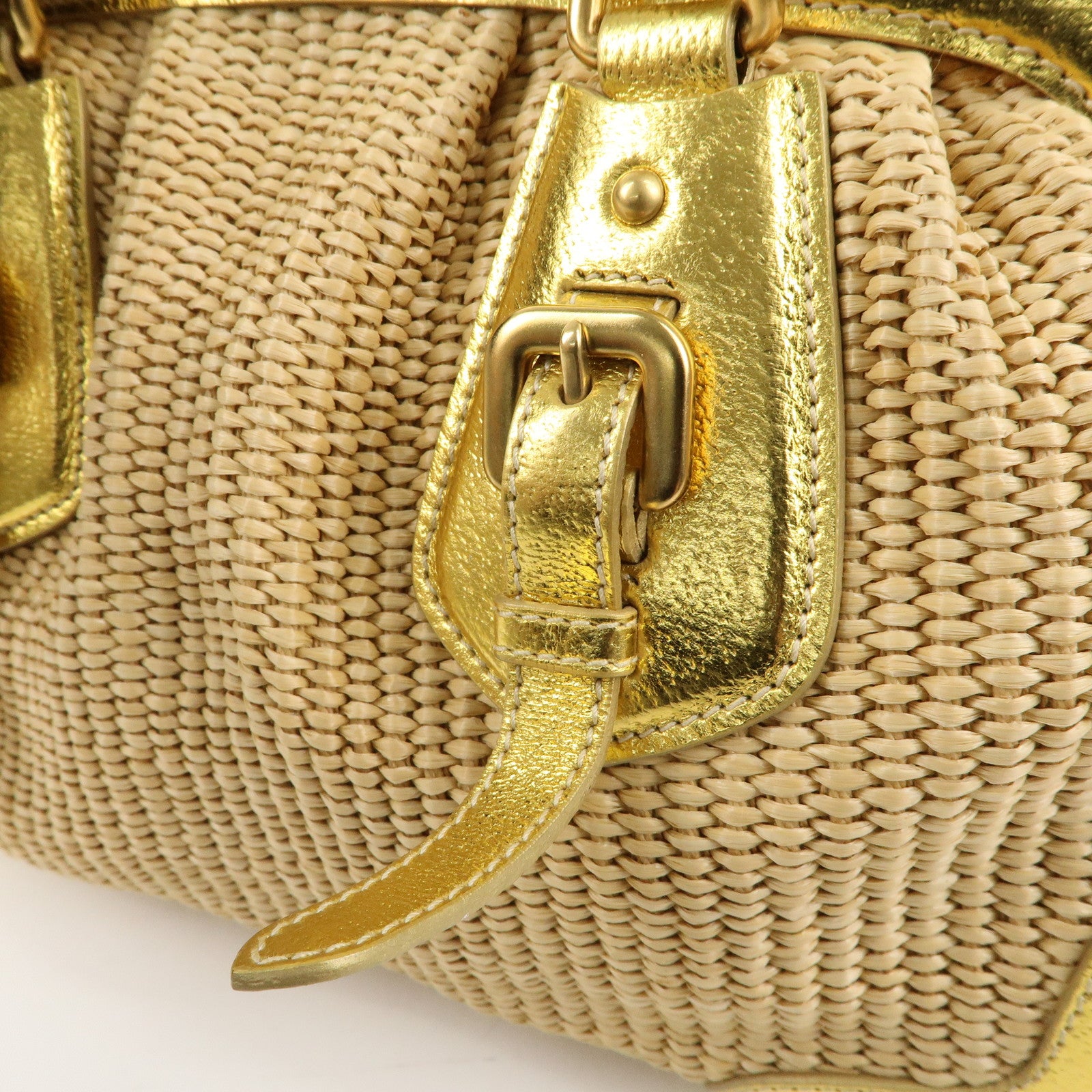 PRADA Raffia Leather Chain Shoulder Bag Natural Gold BR3692