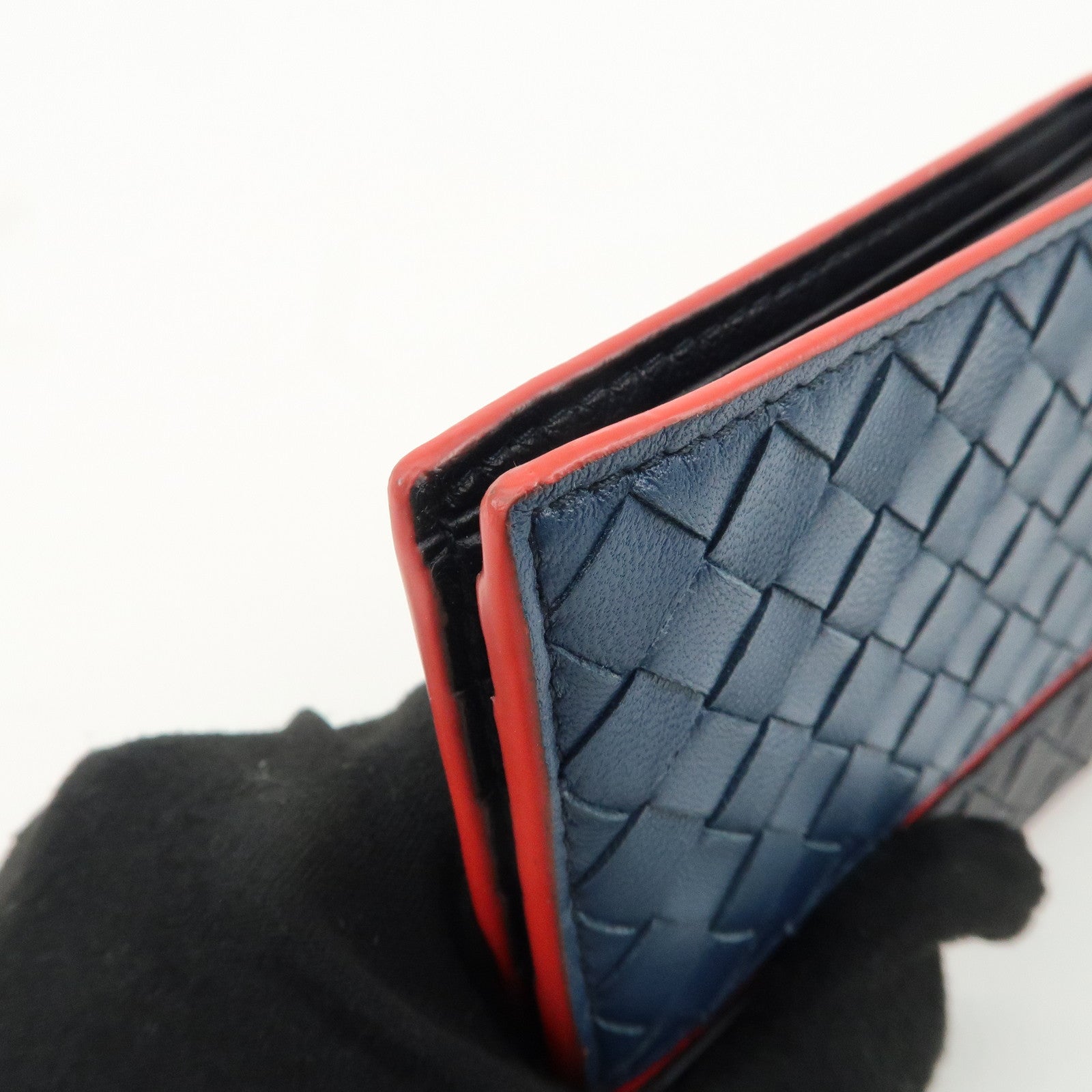 BOTTEGA VENETA Intrecciato Leather Bi-fold Wallet Bicolor Navy Red