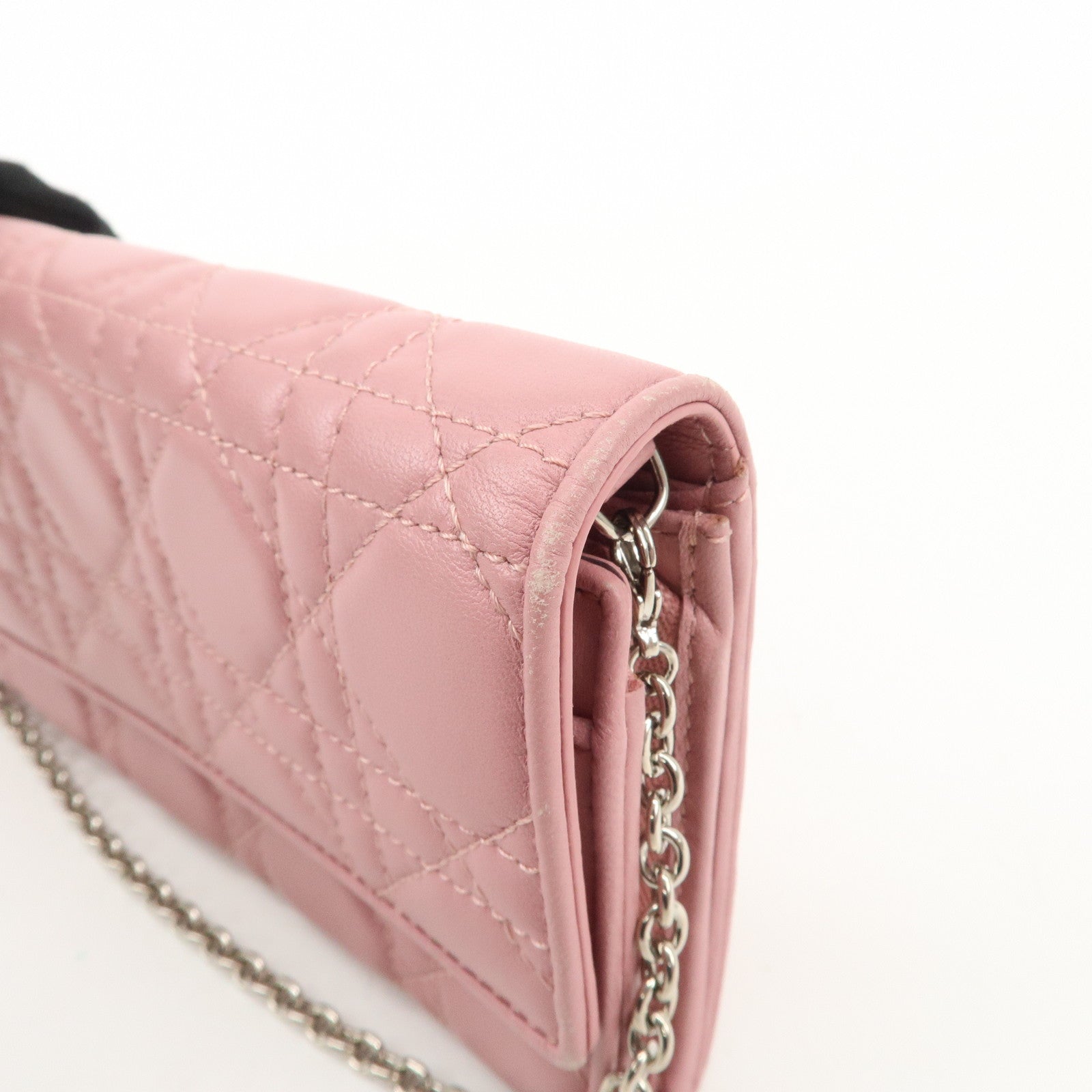 Christian Dior Cannage Dior Leather Chain Wallet Pink Used