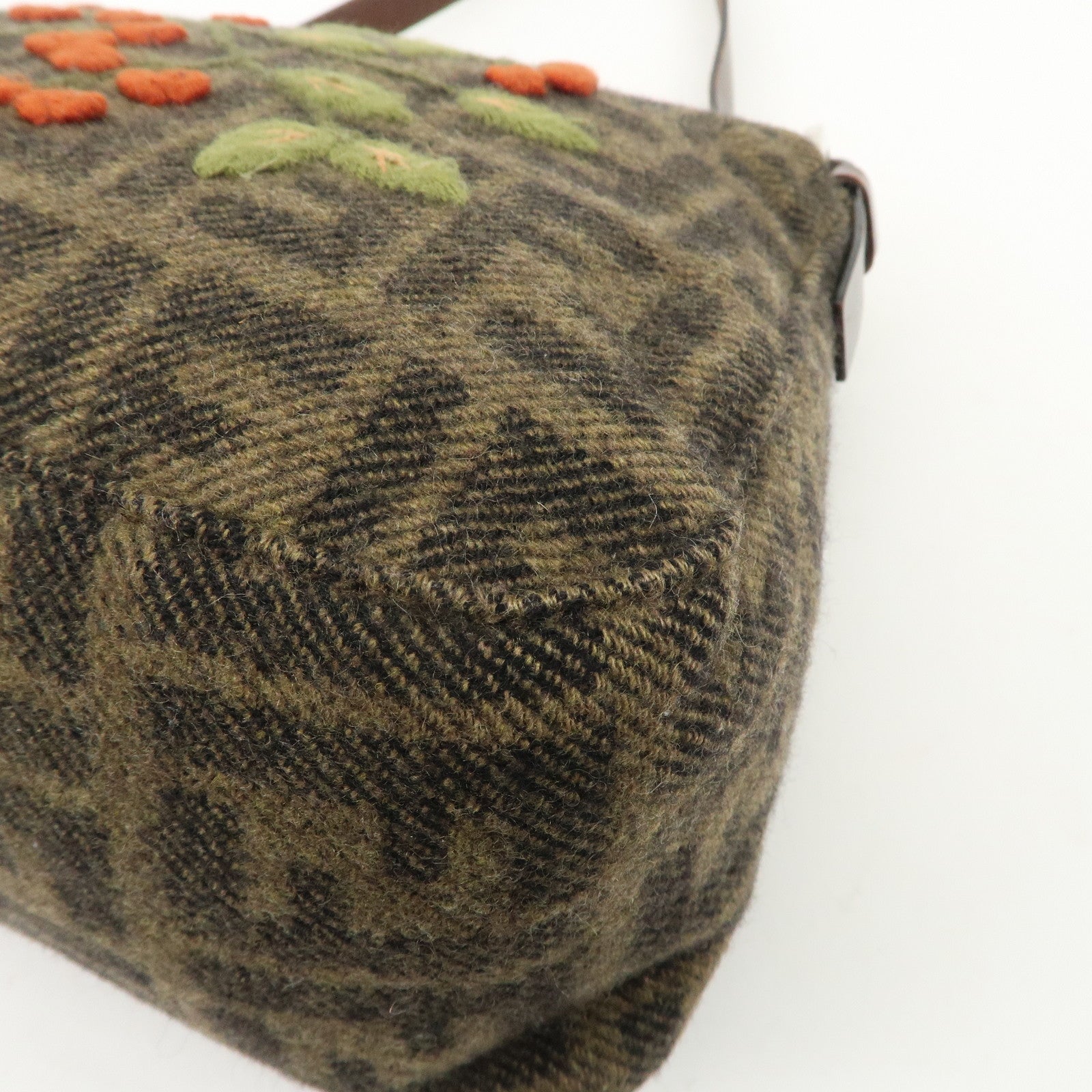 FENDI Mamma Baguette Wool Leather Shoulder Bag Tree Motif Khaki Used