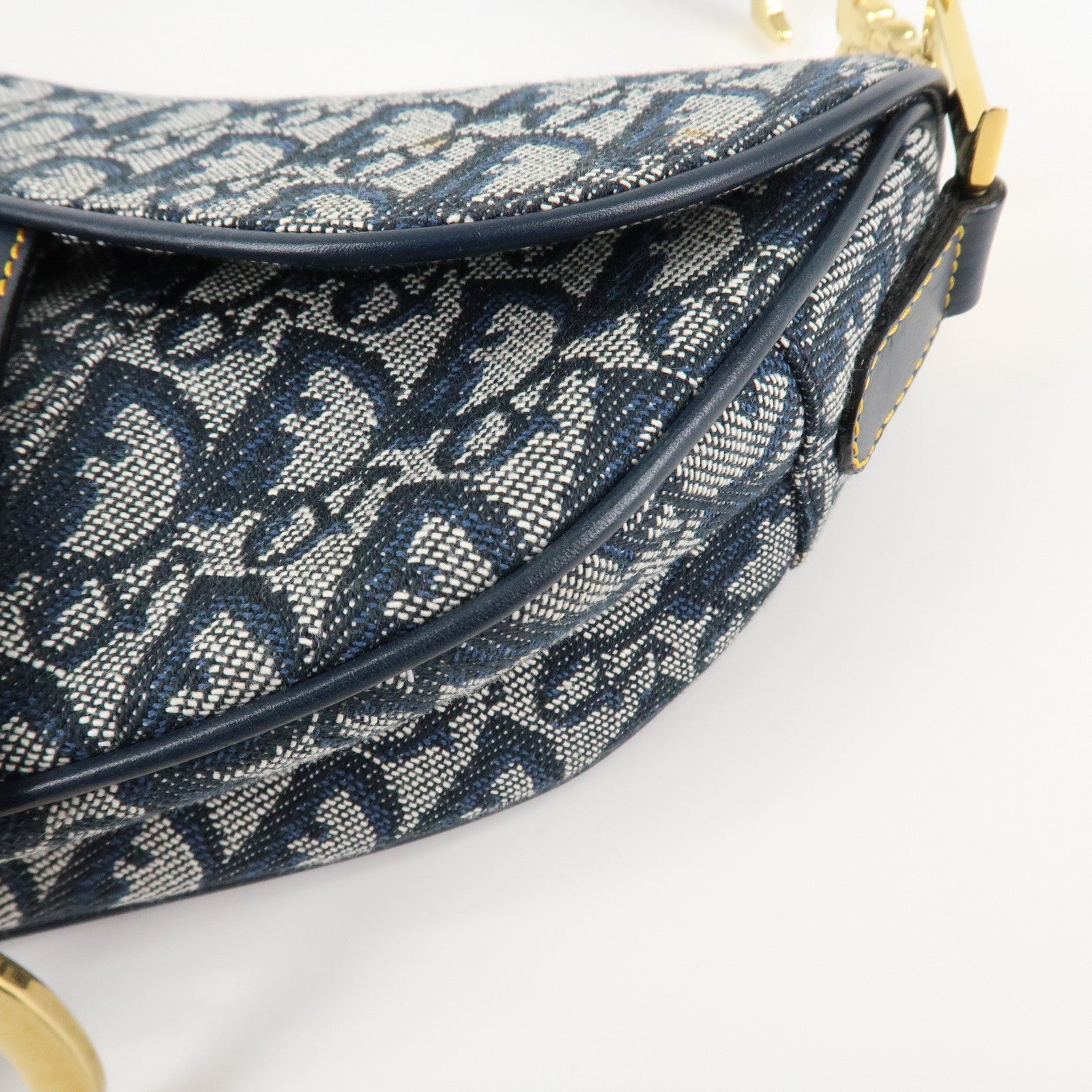 Christian Dior Trotter Jacquard Leather Saddle Shoulder Bag Navy Used