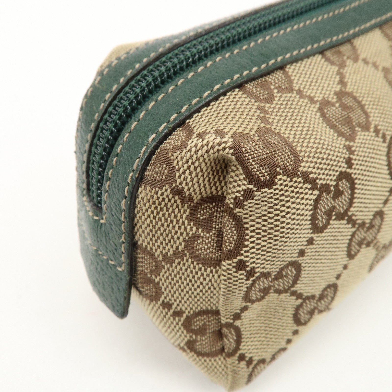 GUCCI GG Canvas Leather Cosmetic Pouch Beige Green 29596