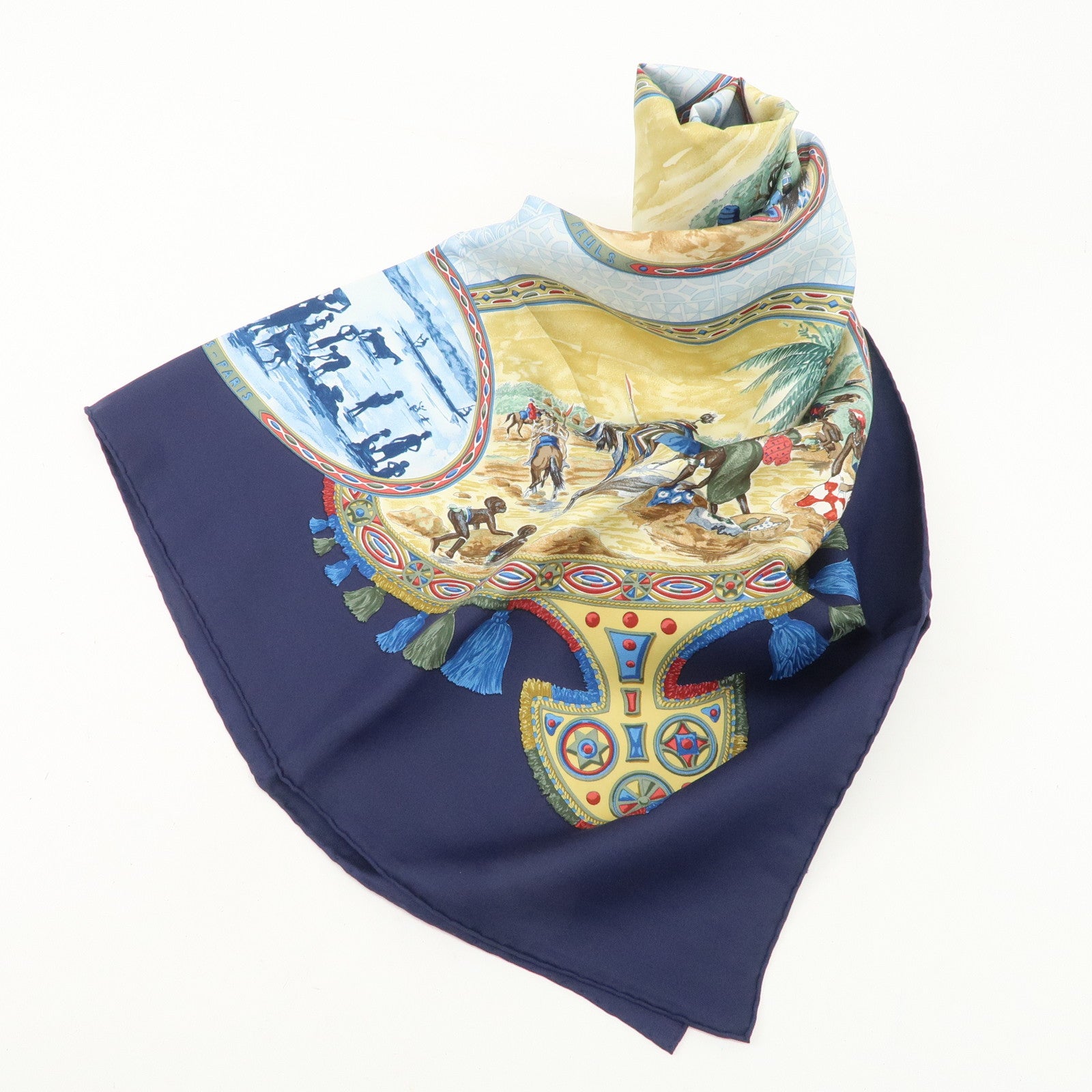 HERMES Carre 90 Silk 100%  Scarf CAVALIERS PEULS Navy Blue Used