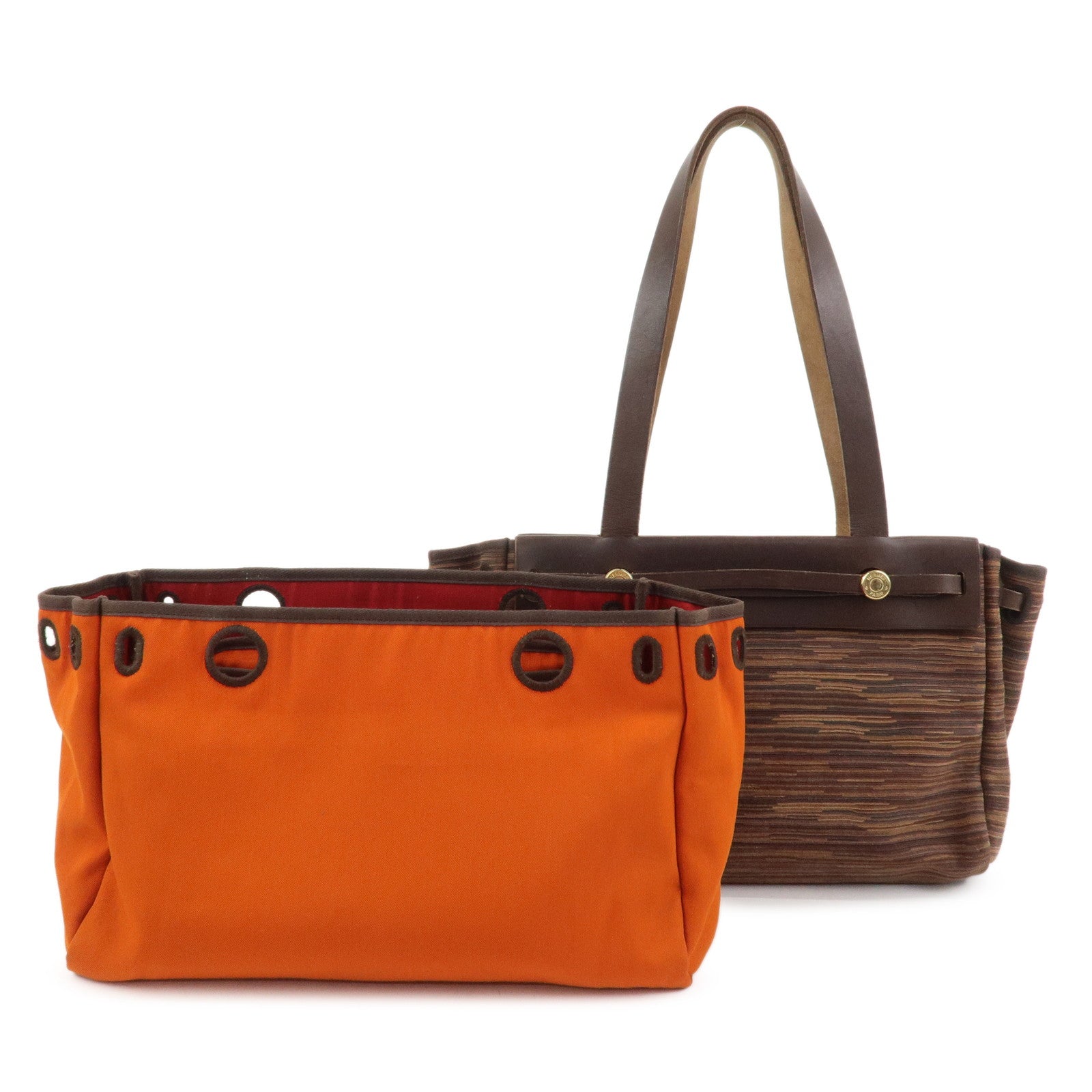 HERMES Cabas PM Airline Toile Officier Leather Shoulder Bag Brown