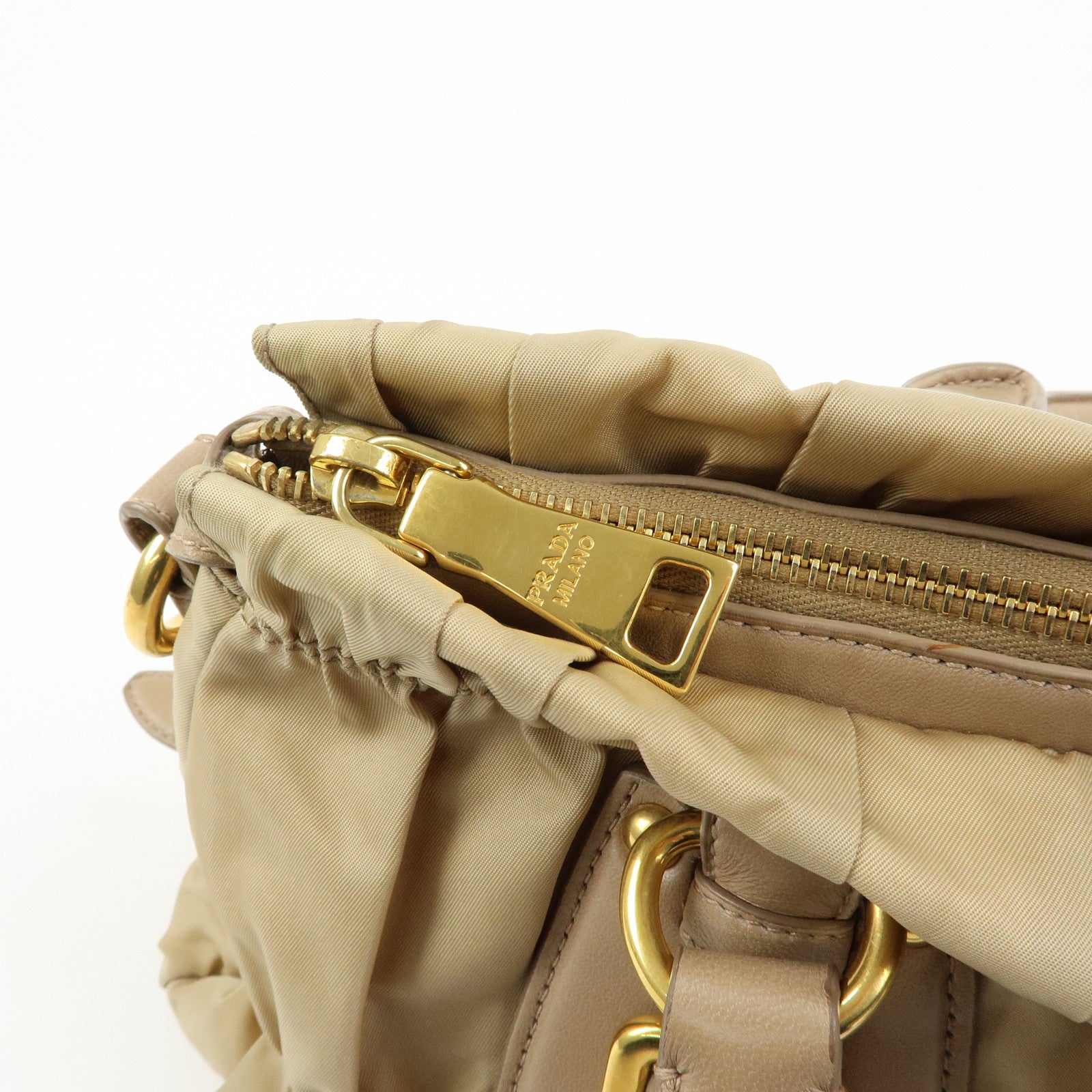 PRADA Gathered Nylon Leather 2Way Hand Shoulder Bag Beige BN1407