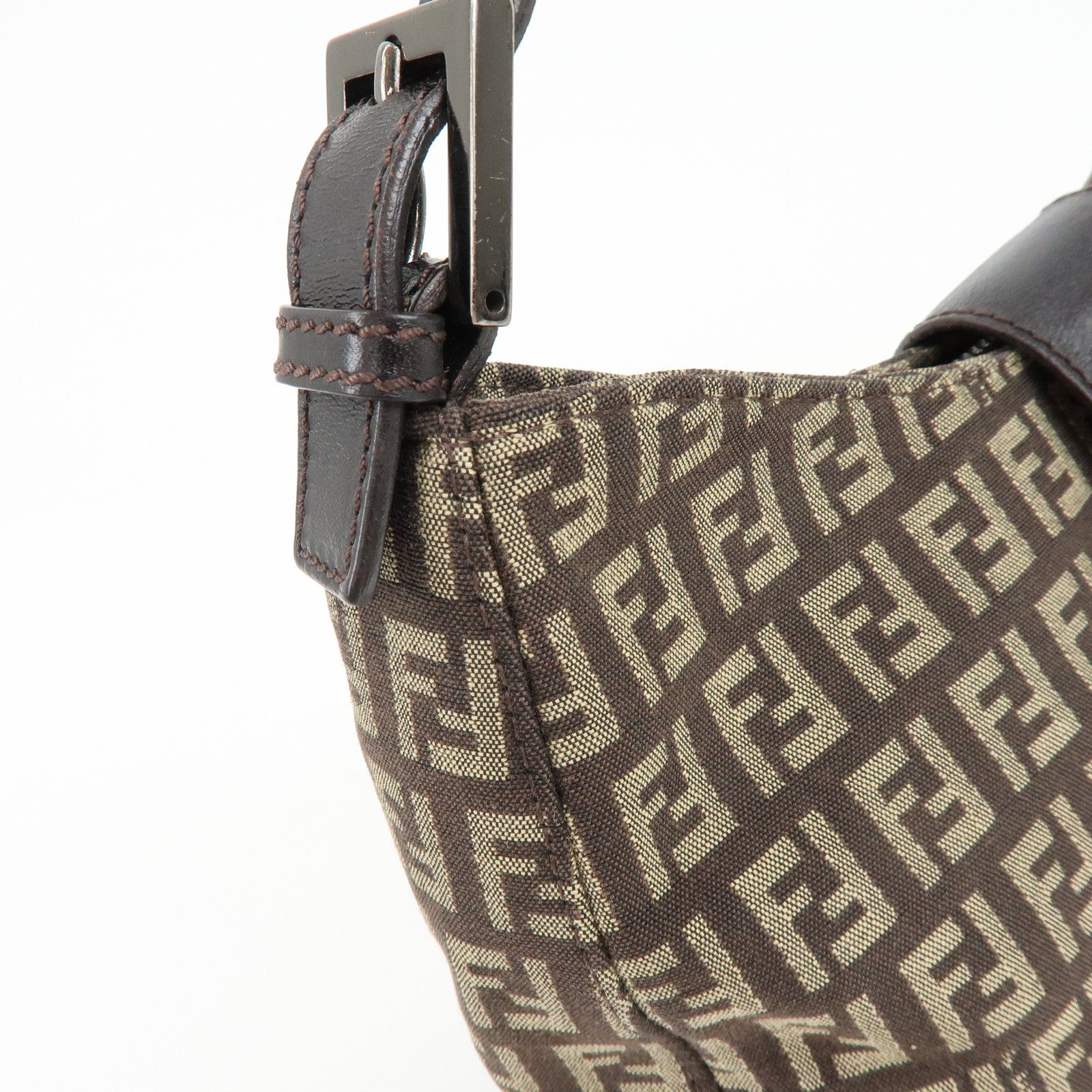 FENDI Zucchino Canvas Leather Shoulder Bag Brown 8BR036