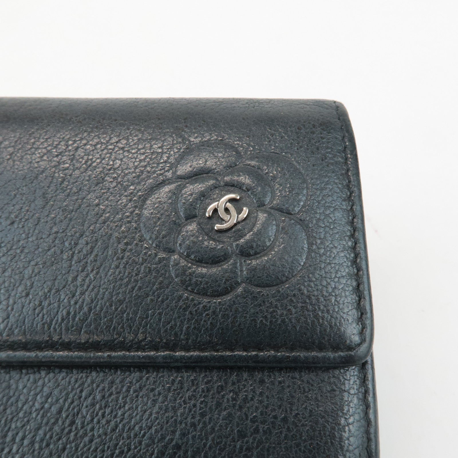 CHANEL Camellia COCO Mark Caviar Skin W Hook Long Wallet A46509 Used