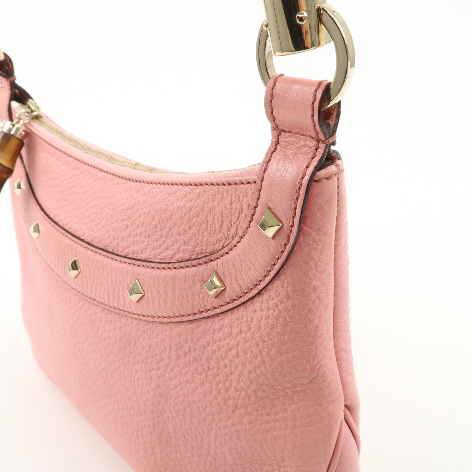 GUCCI Bamboo Leather Shoulder Bag Hand Bag Studs Pink 137378