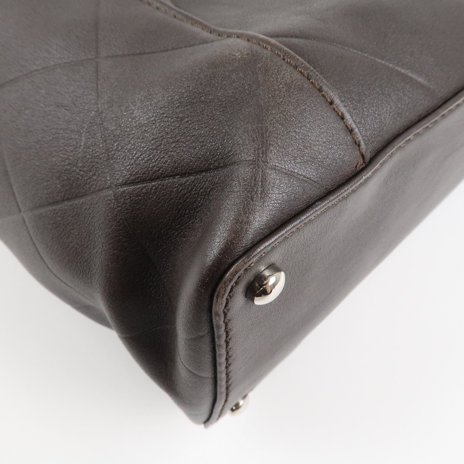 CHANEL COCO Mark Shevron Lamb Skin V Stich Tote Bag Dark Brown Used