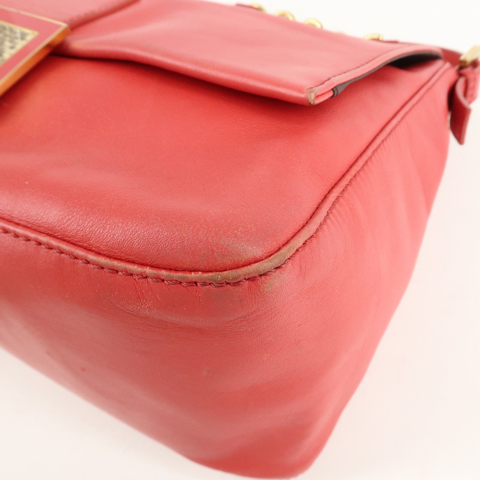 FENDI Big Mamma Baguette Leather Chain Shoulder Bag Pink 8BR638 Used