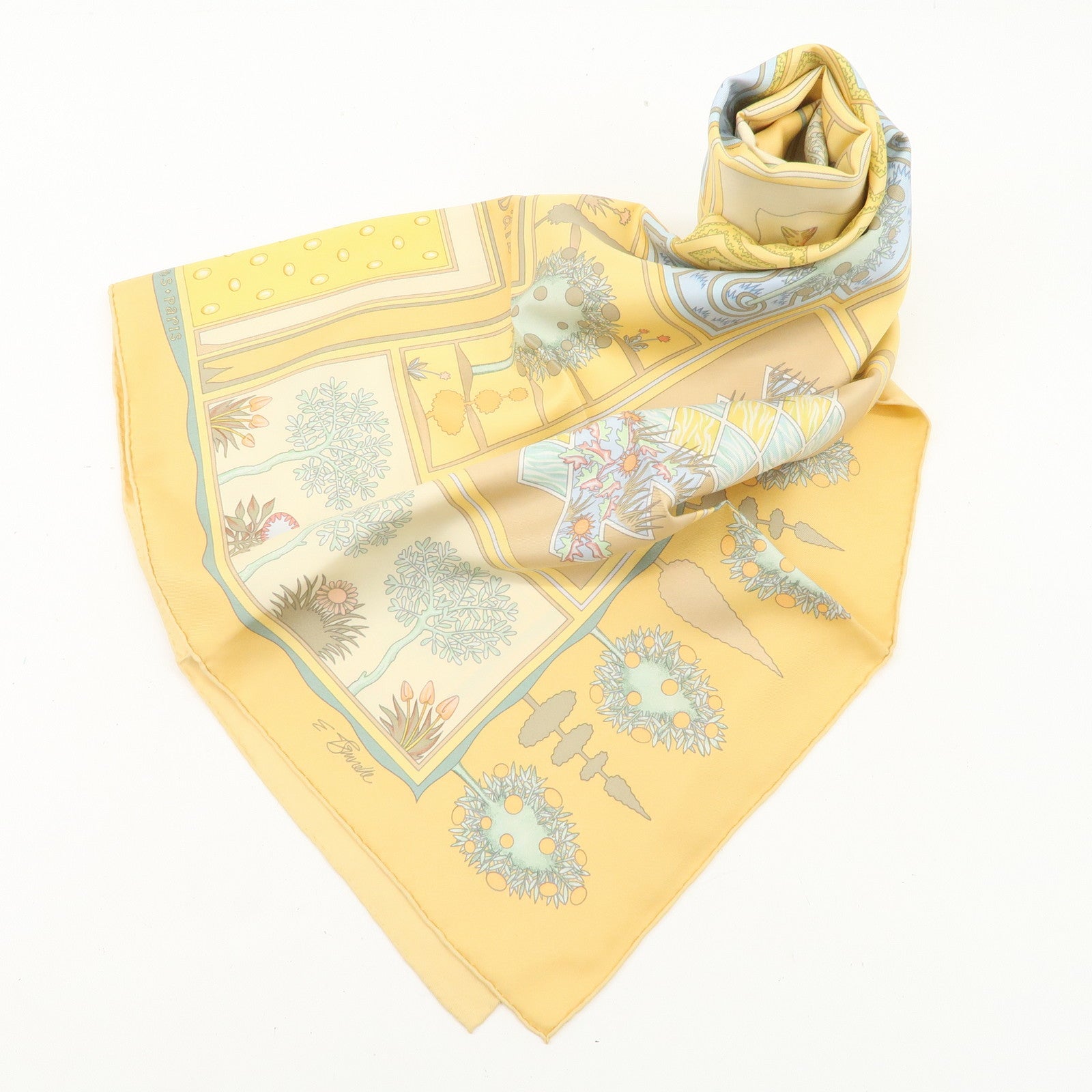 HERMES Carre 90 Silk 100%  Scarf  Paridaiza Yellow Blue Used