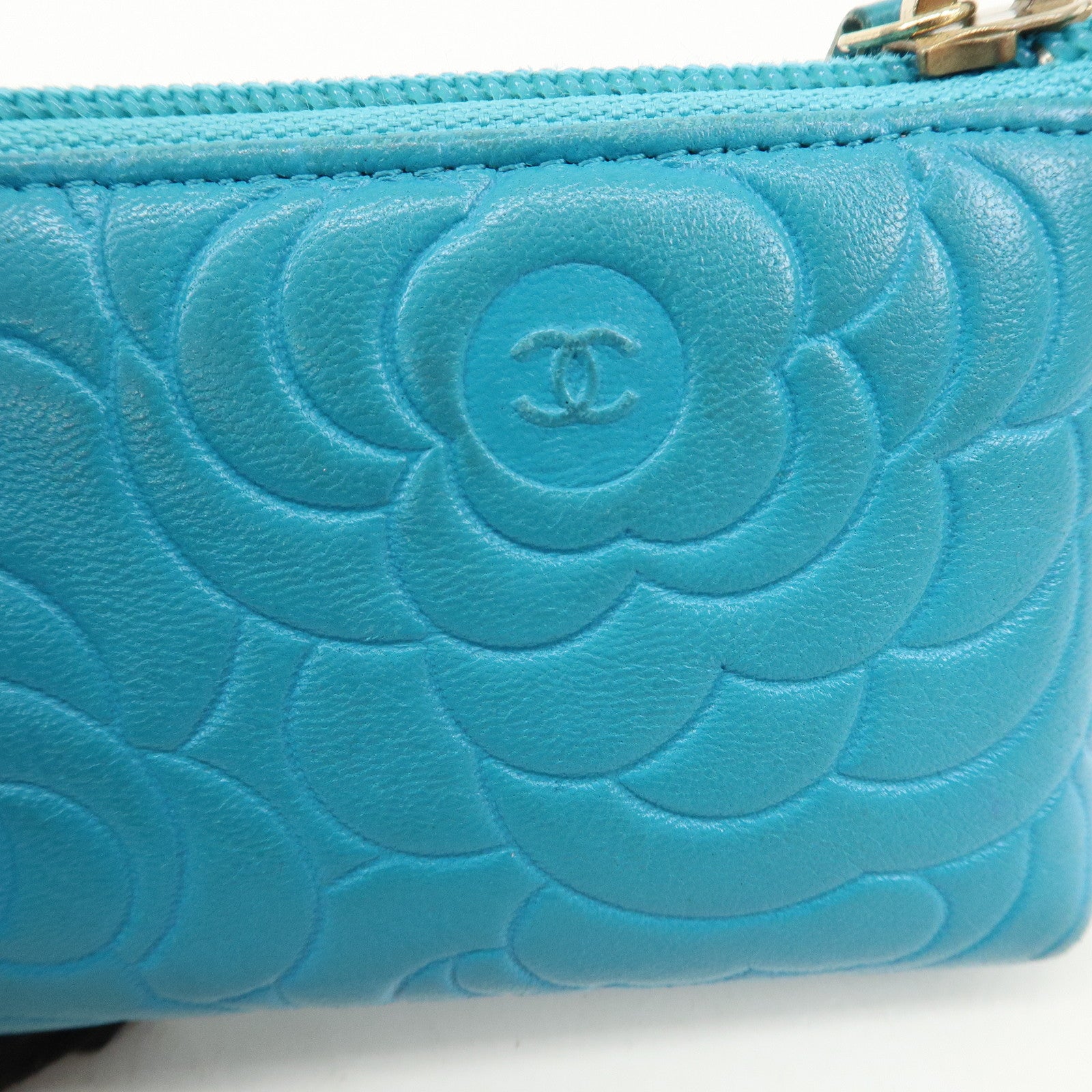 CHANEL Camellia Coco Mark Lamb Skin Coin Case Blue A50090