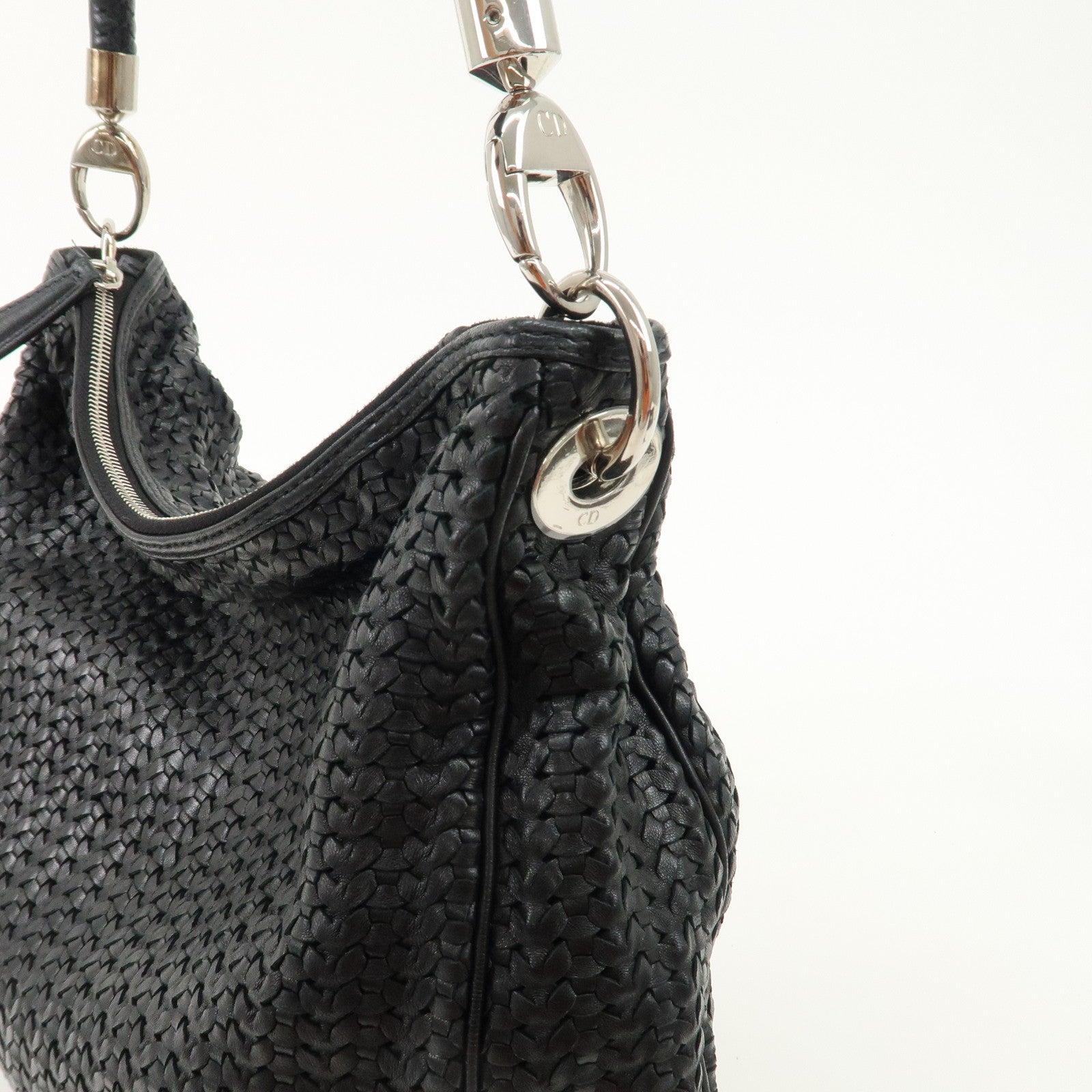 Christian Dior Woven Leather One Shoulder Bag Black Silver HDW