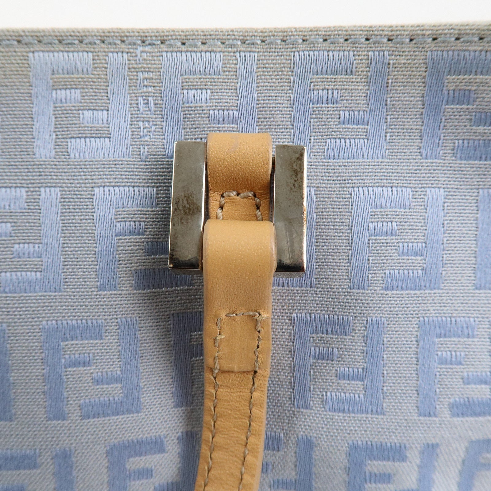 FENDI Zucchino Canvas Leather Tote Bag Light Blue Beige