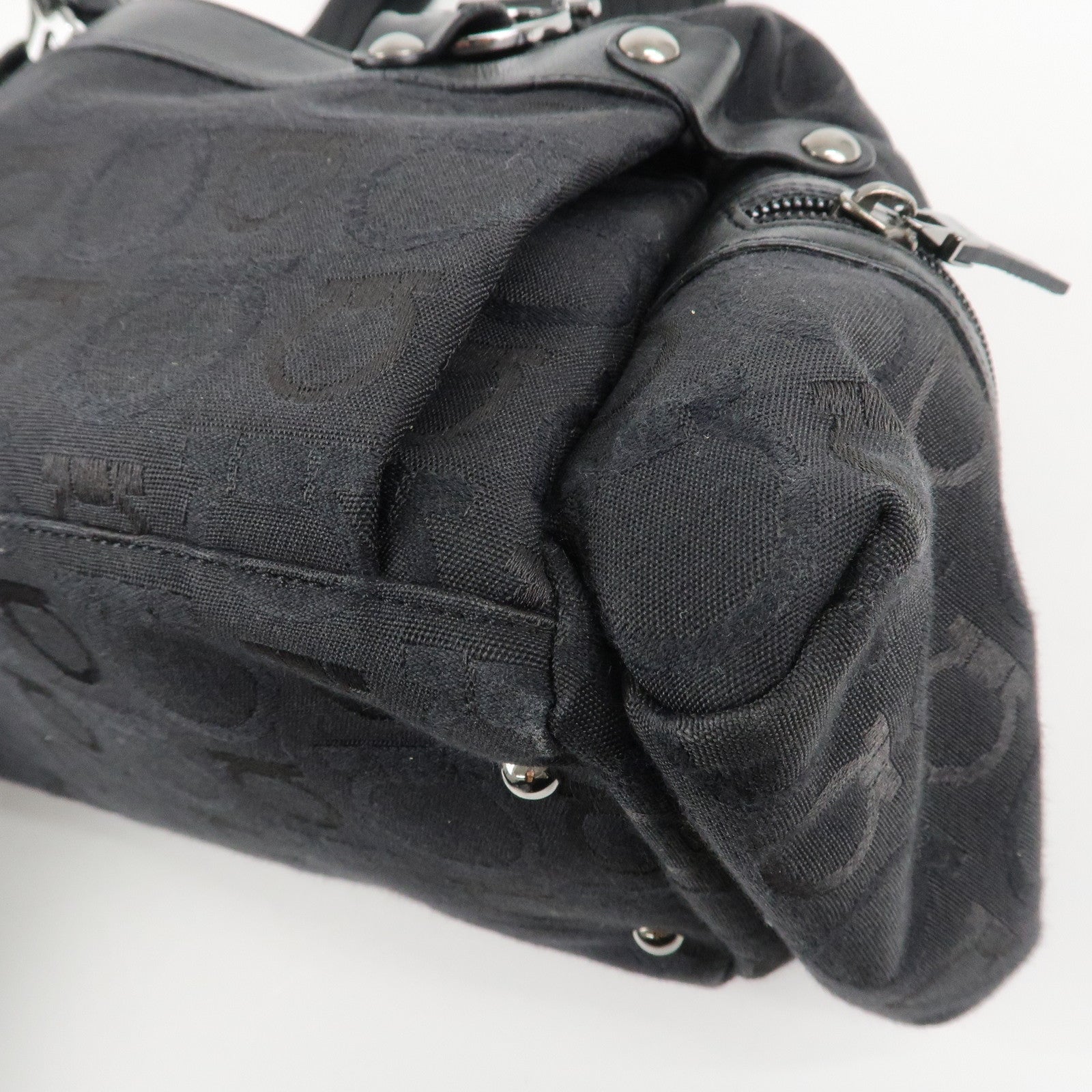 Ferragamo Gancini Pattern Canvas Leather Boston Bag Black Used