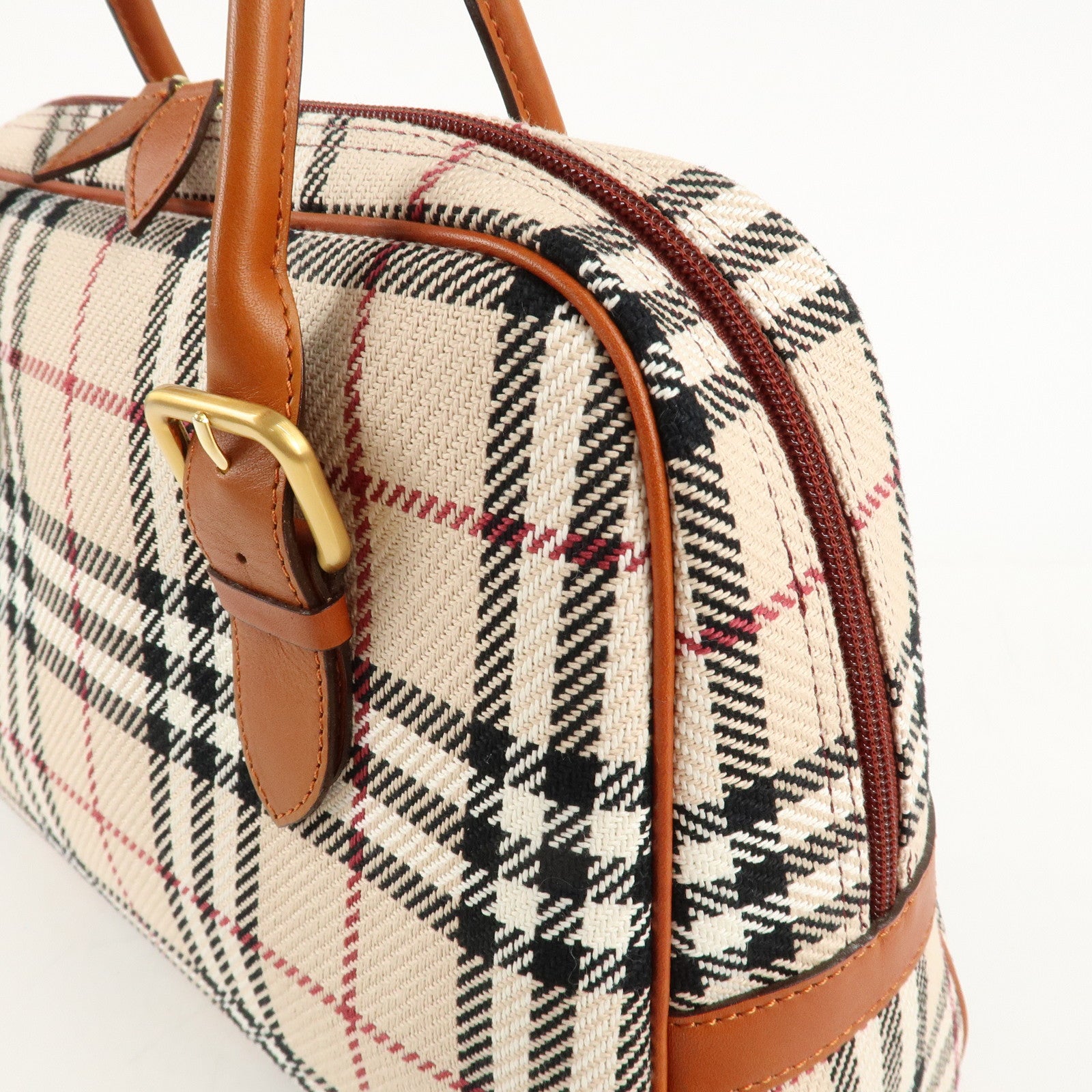 BURBERRY Leather Hand Bag Boston Bag Nova Plaid Brown Used