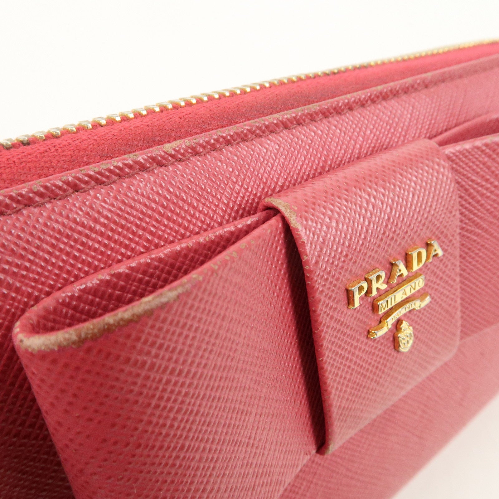 PRADA Saffiano Leather Ribbon Round Zipper Long Pink Wallet