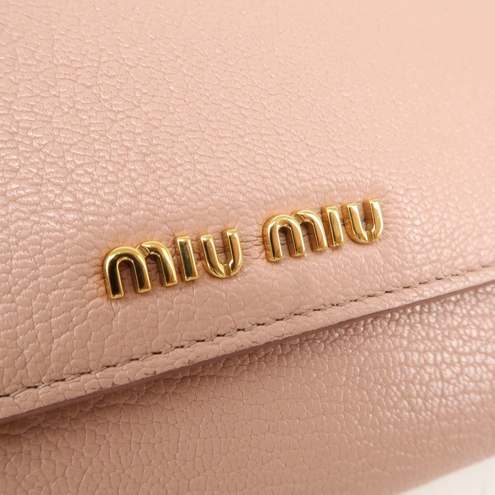 MIU MIU Leather Double Hook Bi-fold Wallet Pink Gold Hardware