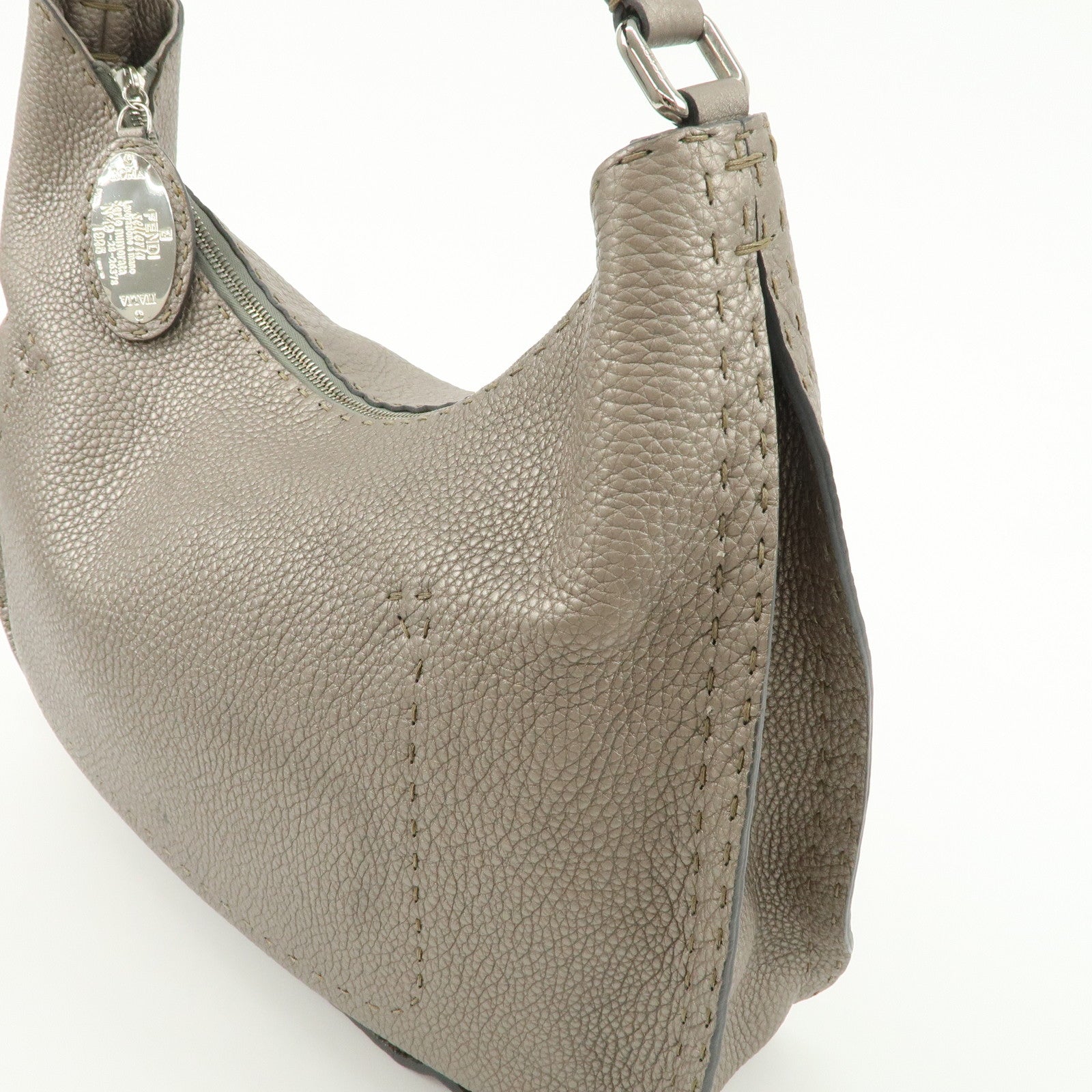 FENDI Selleria Leather Shoulder Bag Hand Bag Gray 8BR582